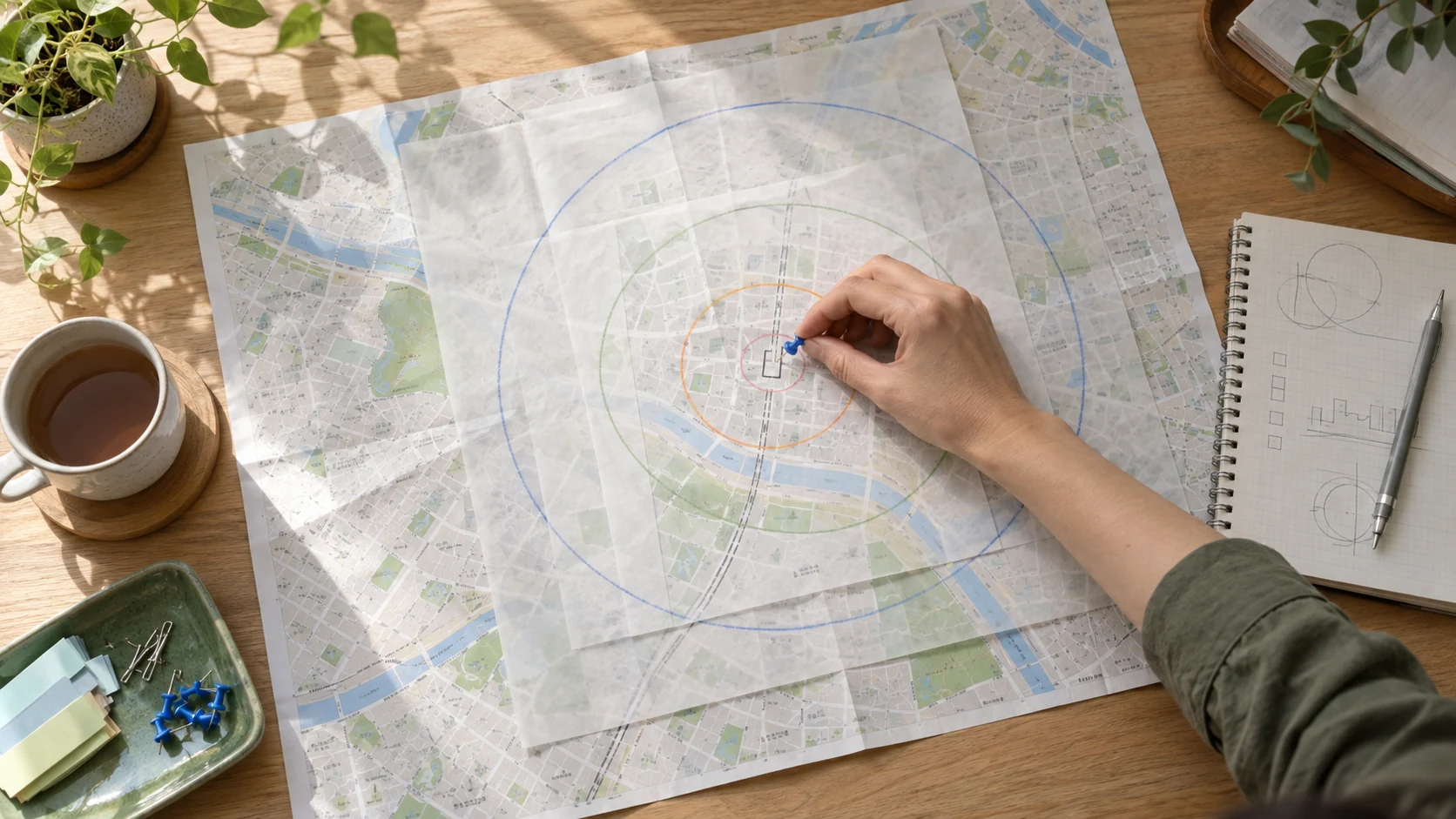 地図と付箋を使い地域・駅ごとの検索範囲を整理する様子(AI生成イメージ)