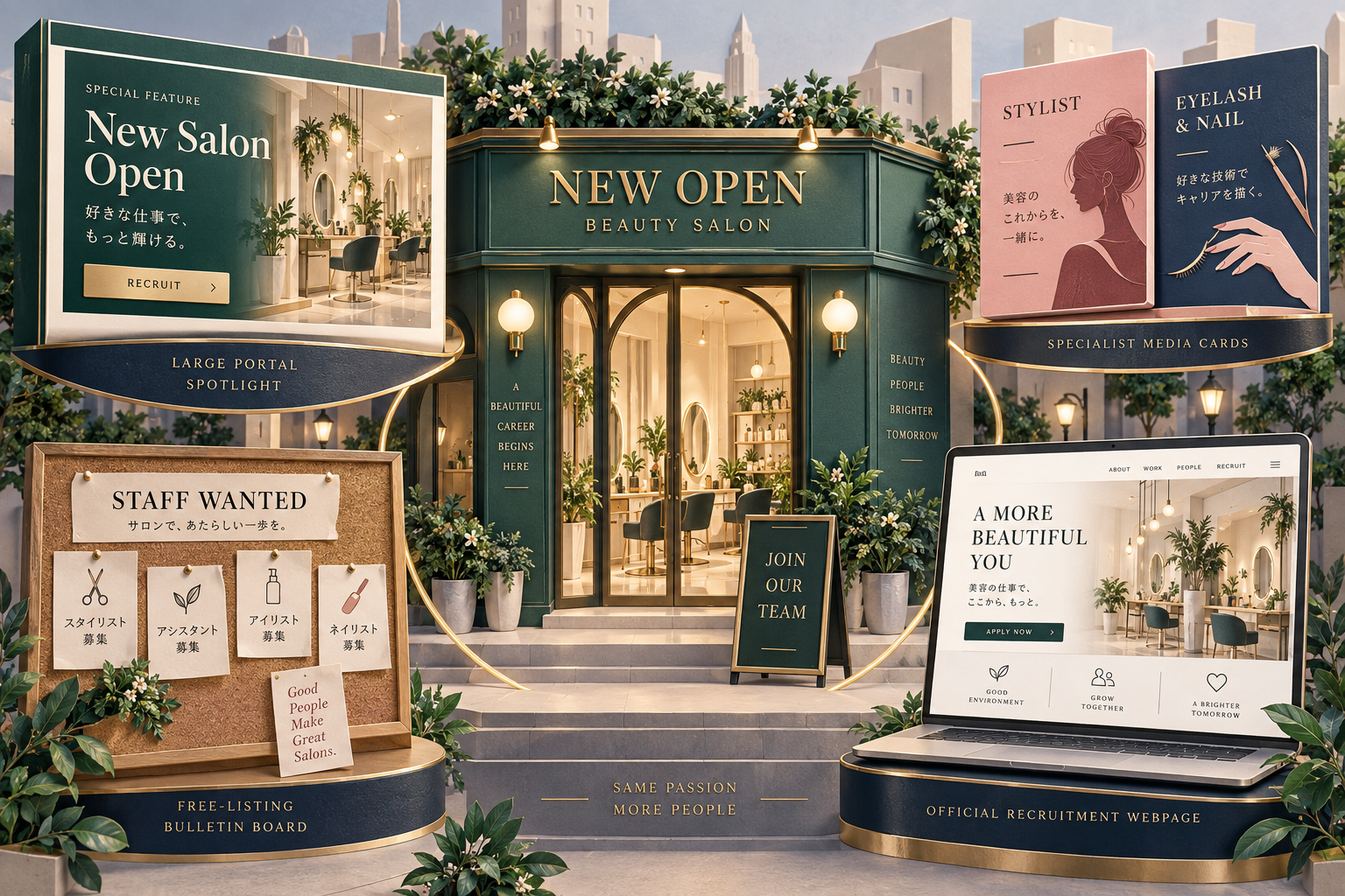 新規OPEN店舗が複数の求人チャネルを組み合わせるイラスト
