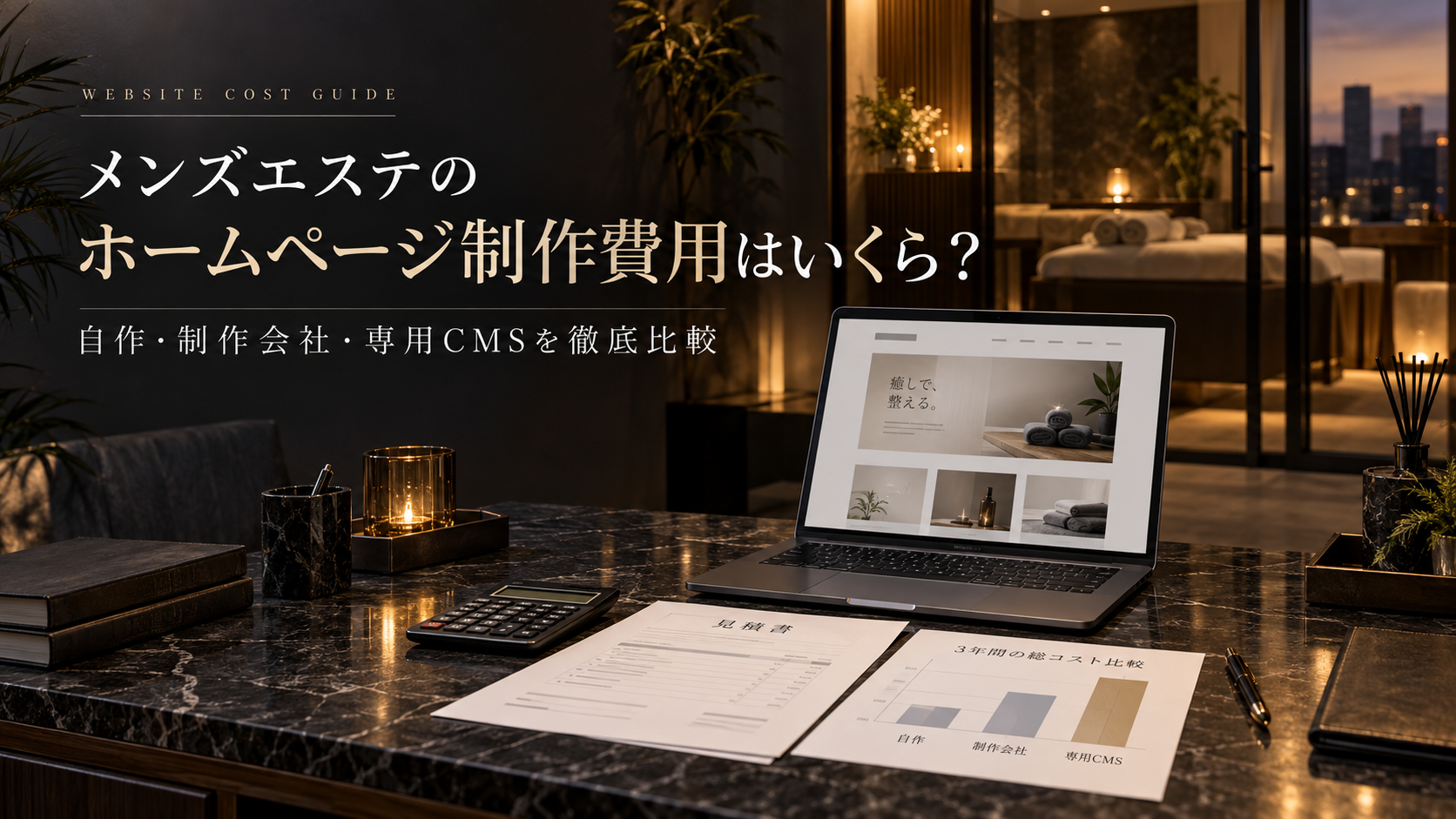 メンズエステホームページの制作費用を検討するデスク（AI生成）