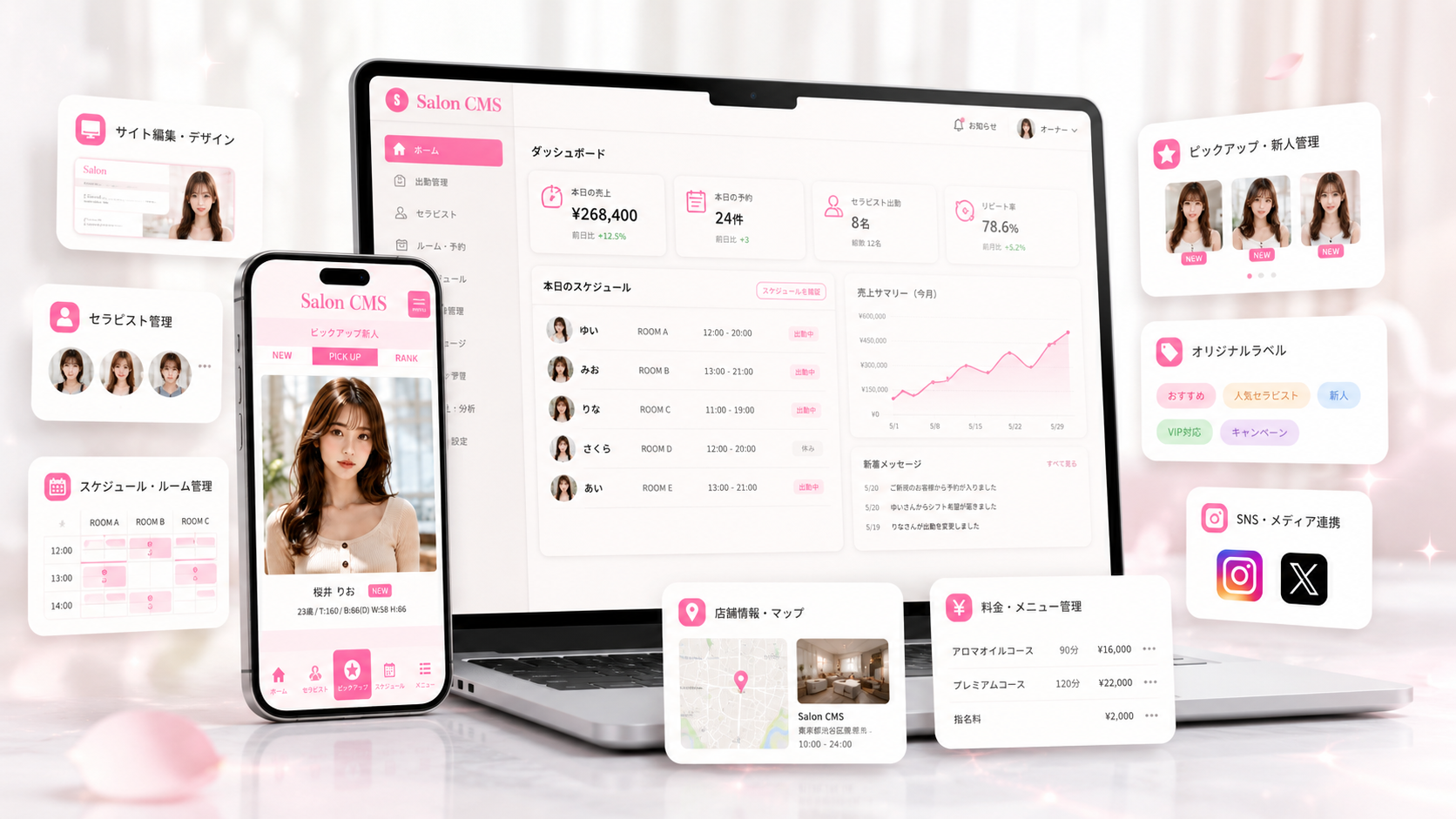 Salon CMSの管理画面とスマホ表示をまとめたメンズエステ運営機能イメージ