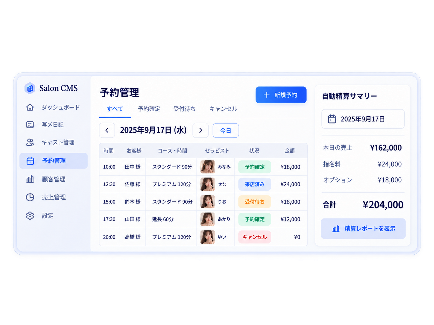 予約一覧と自動精算サマリーを確認する画面
