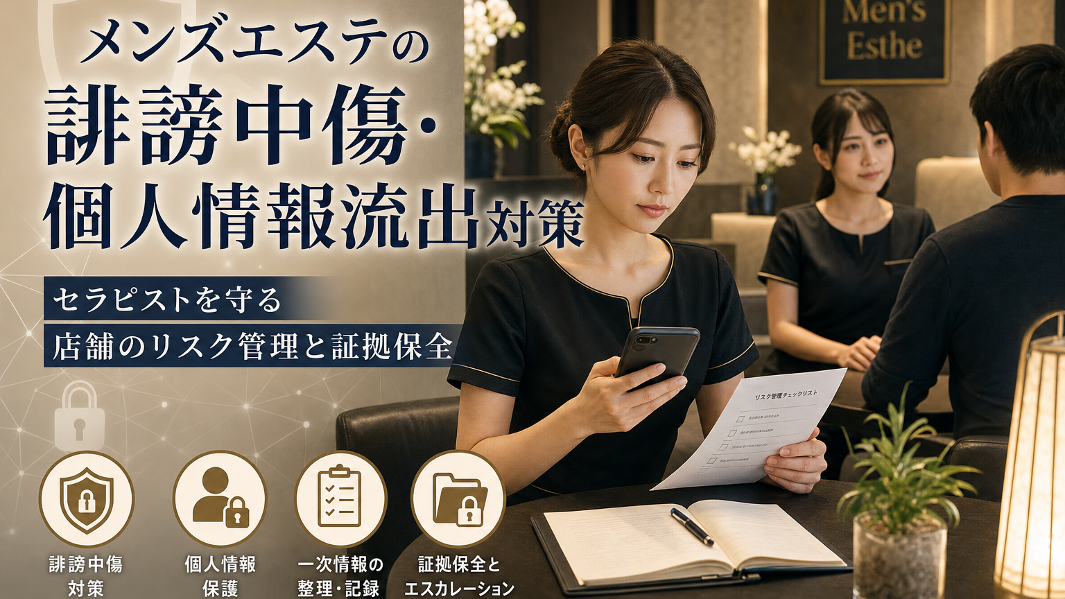 メンズエステ店舗でセラピストのネット上の誹謗中傷や個人情報流出リスクを管理するイメージ