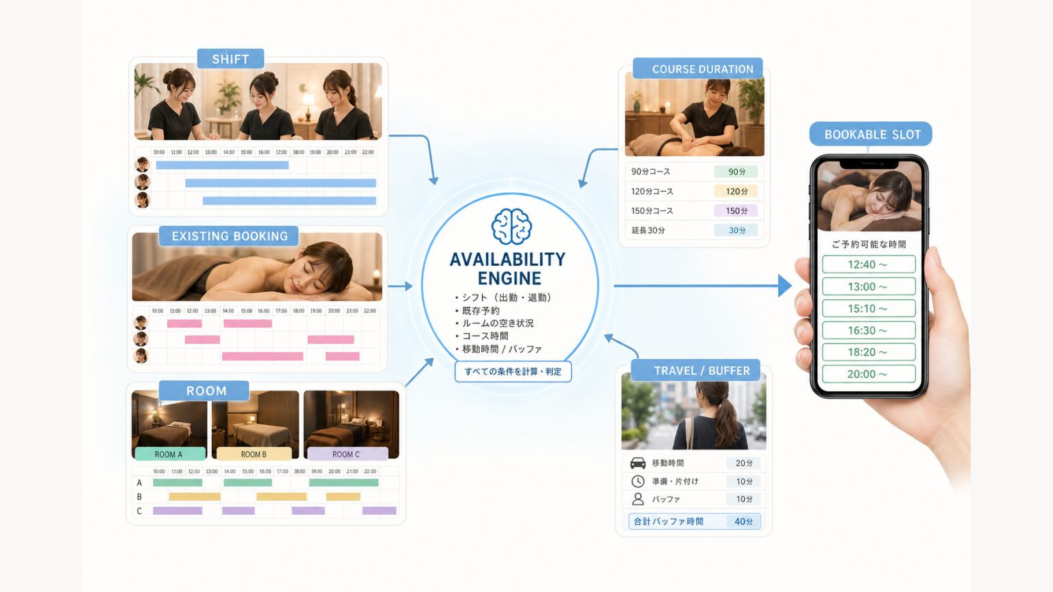 WEB予約の空き枠をキャスト・予約・ルーム・コース・移動時間から判定する図