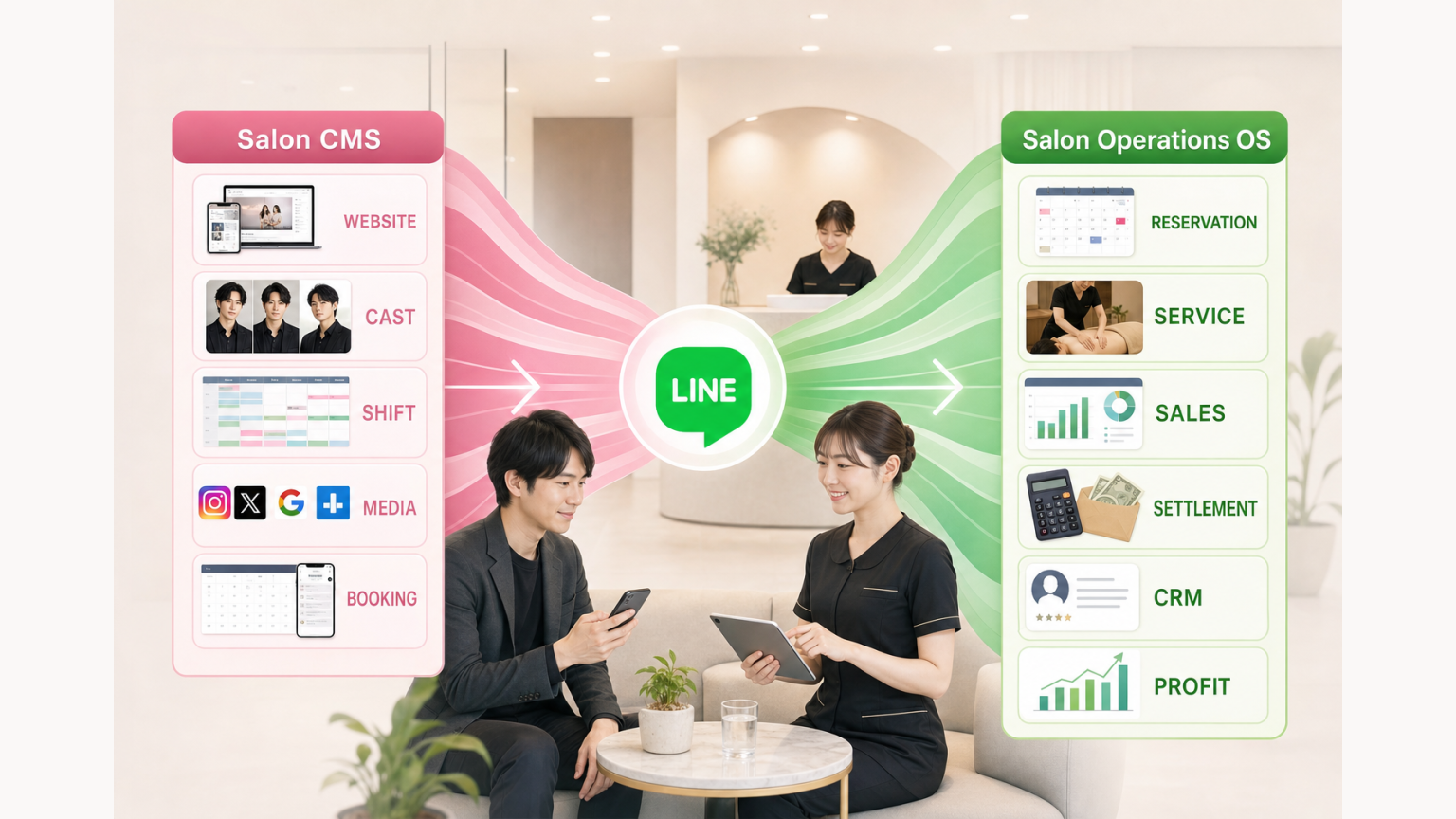 Salon CMSとSalon Operations OSで集客から予約・売上・精算・CRM・利益までつなぐ全体フロー