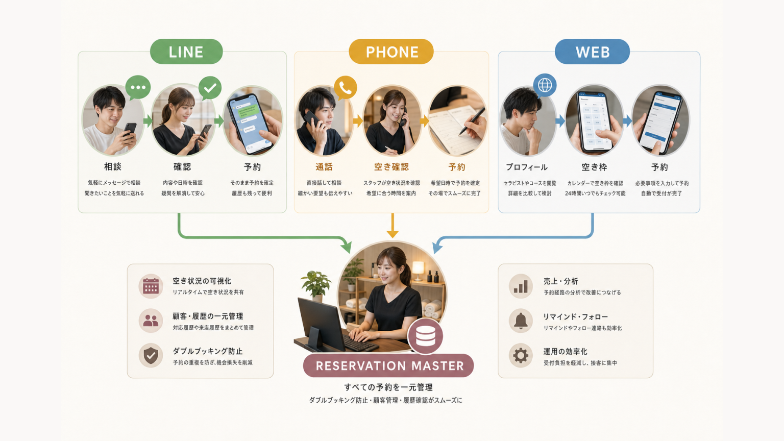 LINE・電話・WEB予約それぞれの予約導線を比較する図