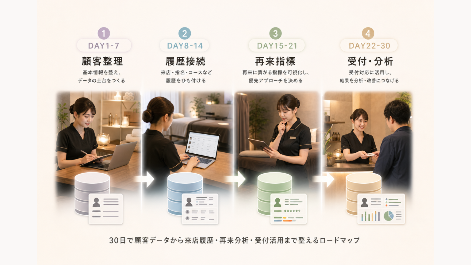 30日で顧客データから来店履歴・再来分析・受付活用まで整えるロードマップ