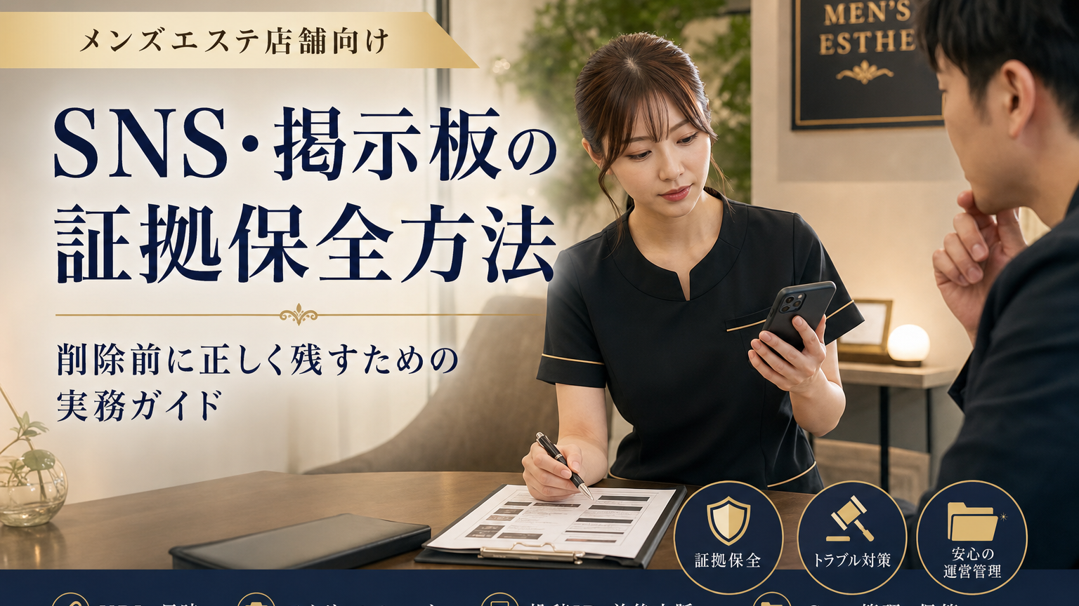メンズエステ店舗でSNSや掲示板の問題投稿を証拠として保全するイメージ