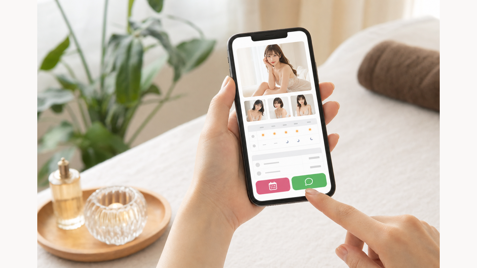 スマートフォン画面下部に予約と相談の固定CTAを配置する例