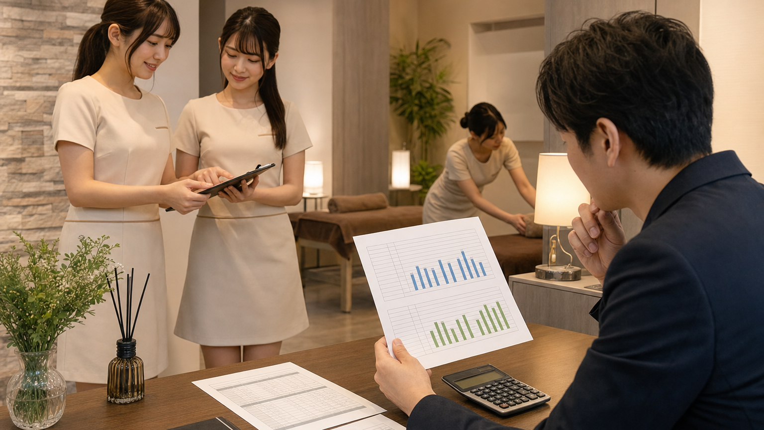 メンズエステのセラピスト別に売上と店舗取り分を比較するイメージ