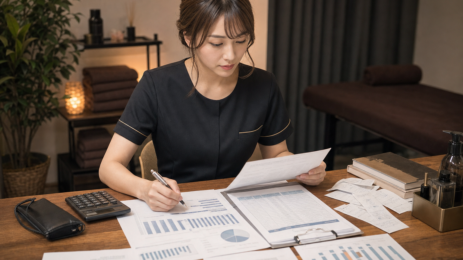 メンズエステ店舗の月次試算表と収支を確認するイメージ