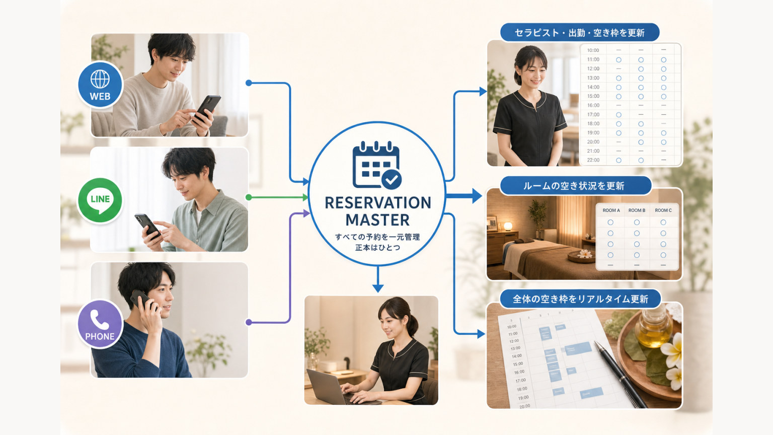 WEB・LINE・電話予約を一つの予約管理へ集約する図