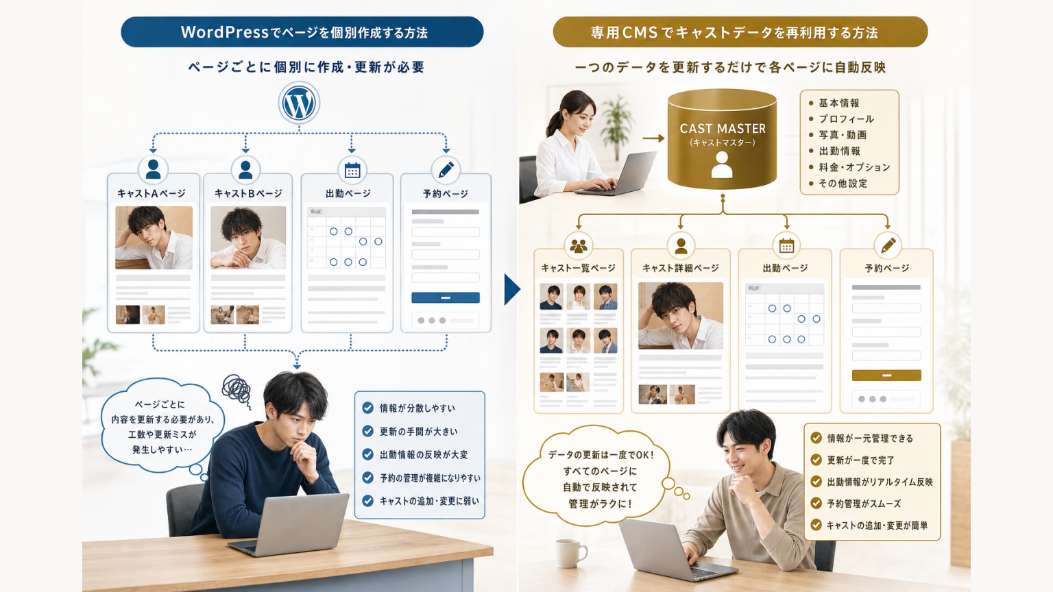 WordPressでページを個別作成する方法と専用CMSでキャストデータを再利用する方法の比較