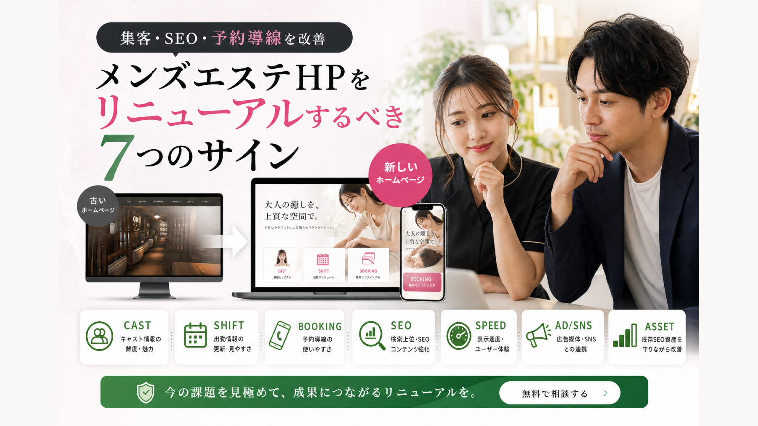 古いメンズエステホームページをスマホ対応・SEO・予約導線まで含めてリニューアルするイメージ