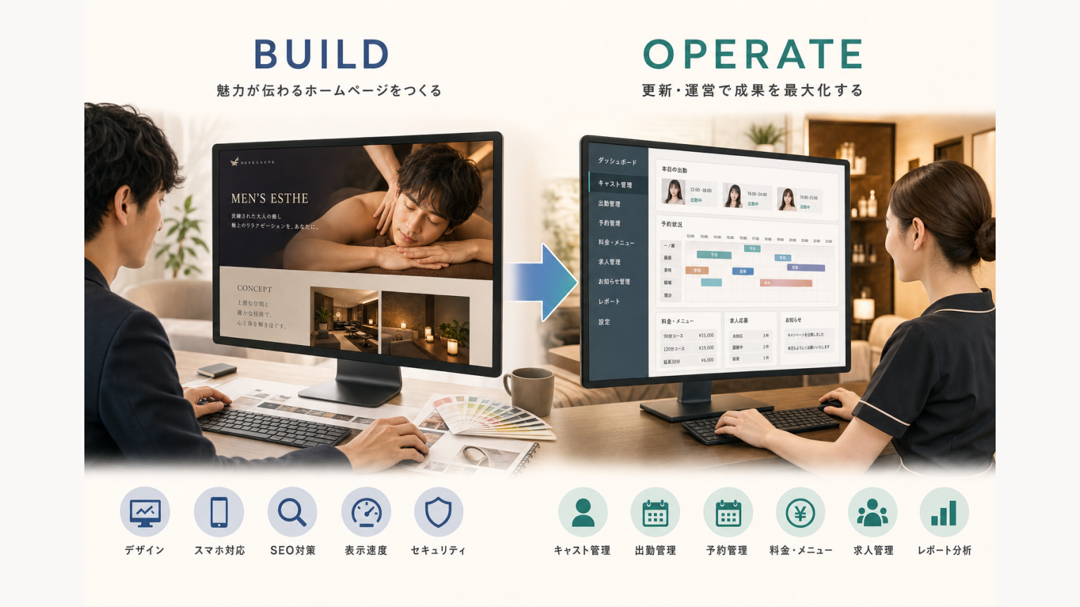 メンズエステホームページのデザイン制作と公開後の店舗運営の違いを示す図