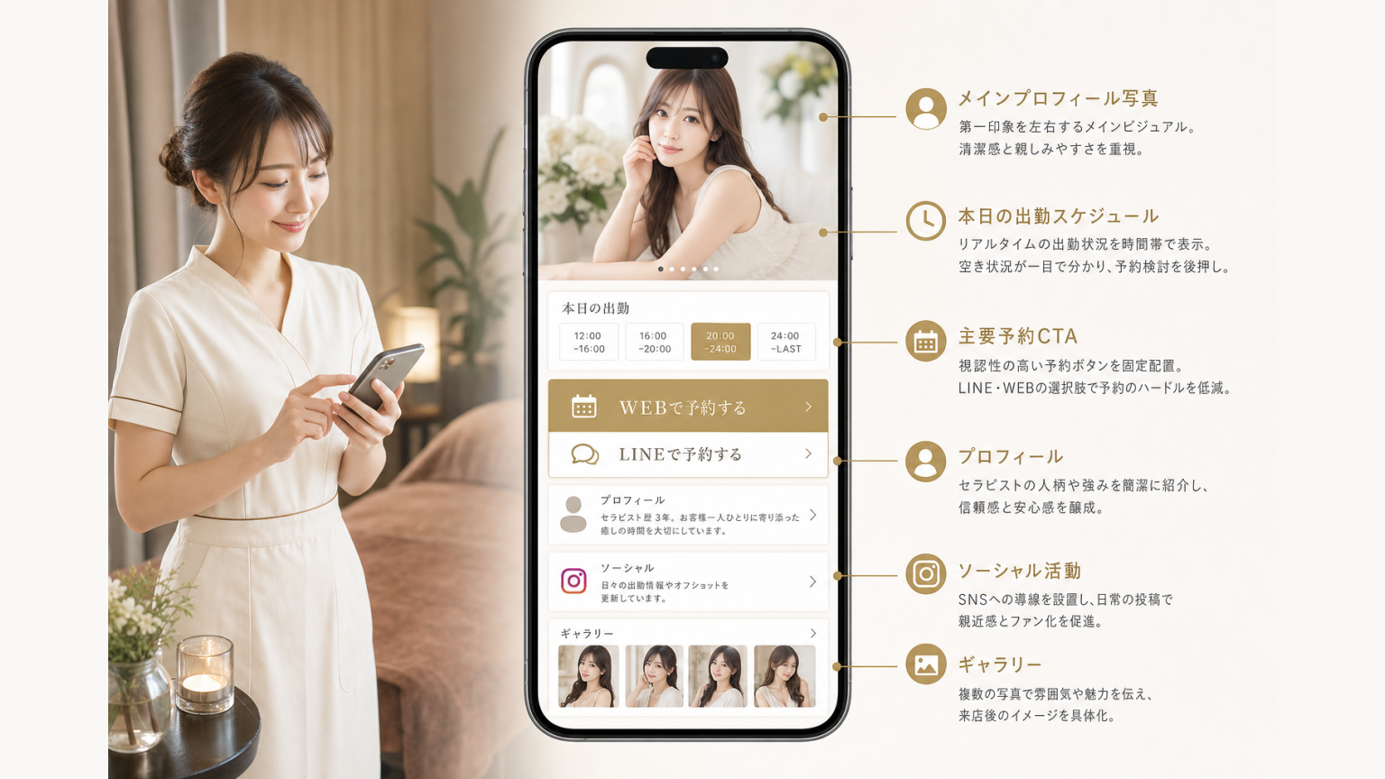 スマートフォンのプロフィール詳細ページを写真・出勤・予約・プロフィール・SNSの順に整理した構成