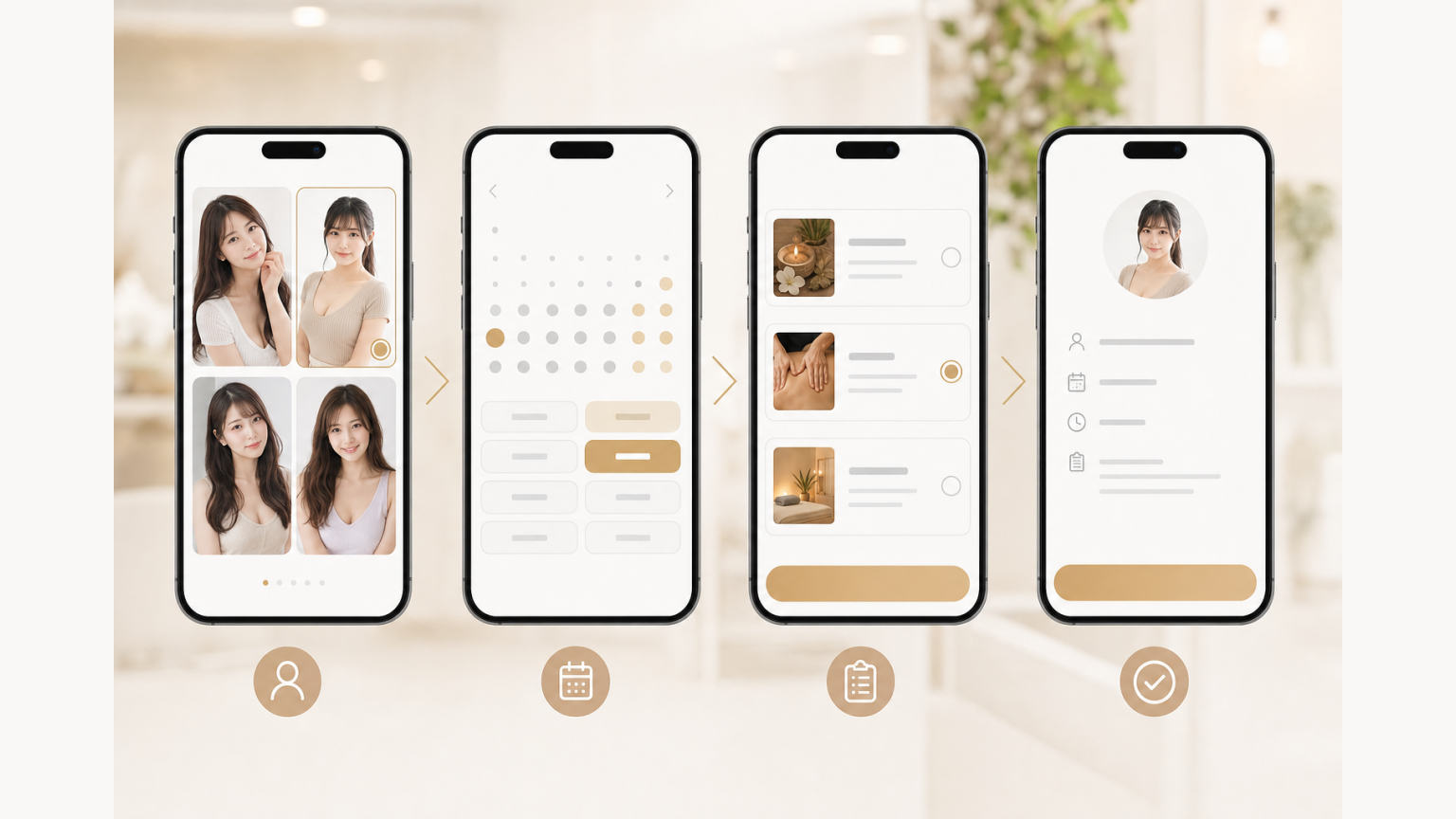 スマートフォンWEB予約をプロフィール・日時・コース・確認のステップ形式で進めるUI