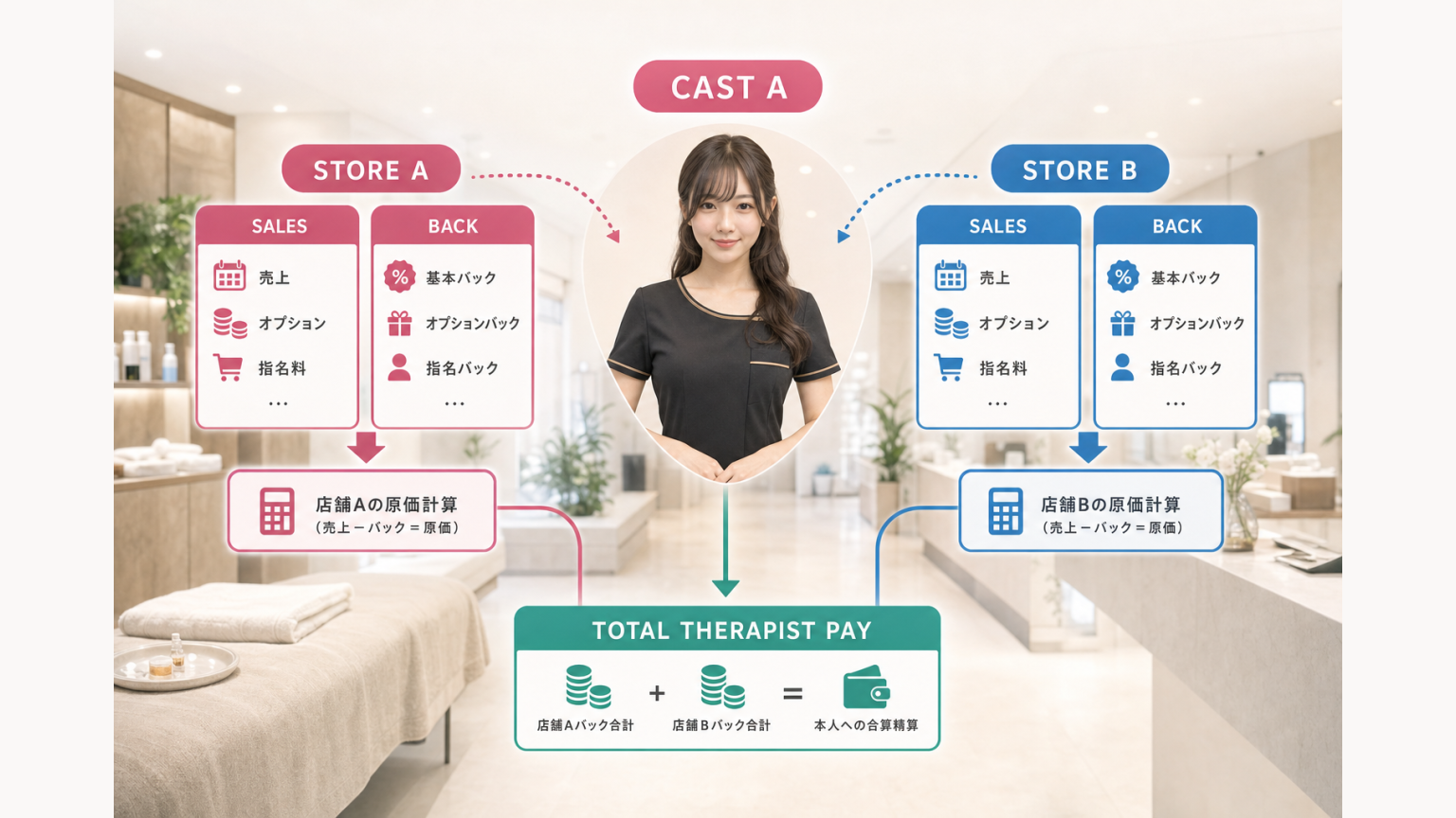 複数店舗で勤務する一人のキャストの売上とバックを店舗別に計算し合算する図