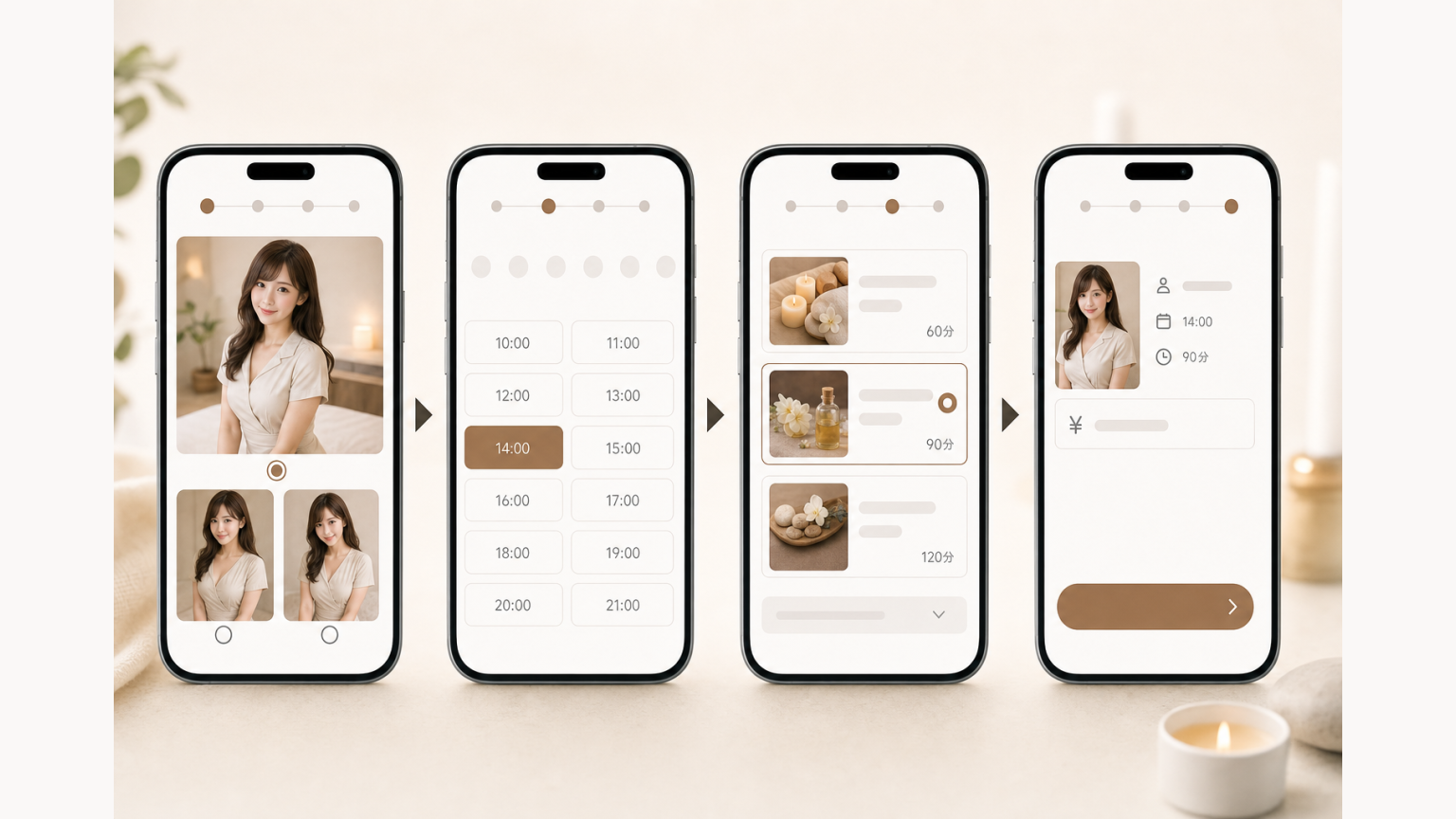 スマートフォンWEB予約をプロフィール・日時・コース・確認のステップ形式で進めるUI
