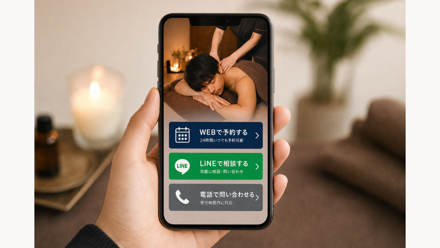 WEBで予約・LINEで相談・電話で問い合わせの3つのCTAを役割別に表示するUI