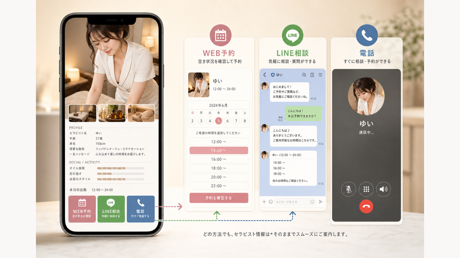 セラピスト詳細ページからWEB予約・LINE相談・電話へ進む導線