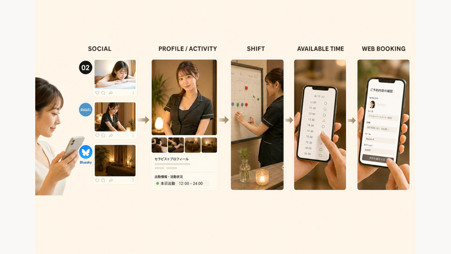 02・RelaXi・BlueskyのSNS投稿からプロフィール・出勤・WEB予約へ進む導線