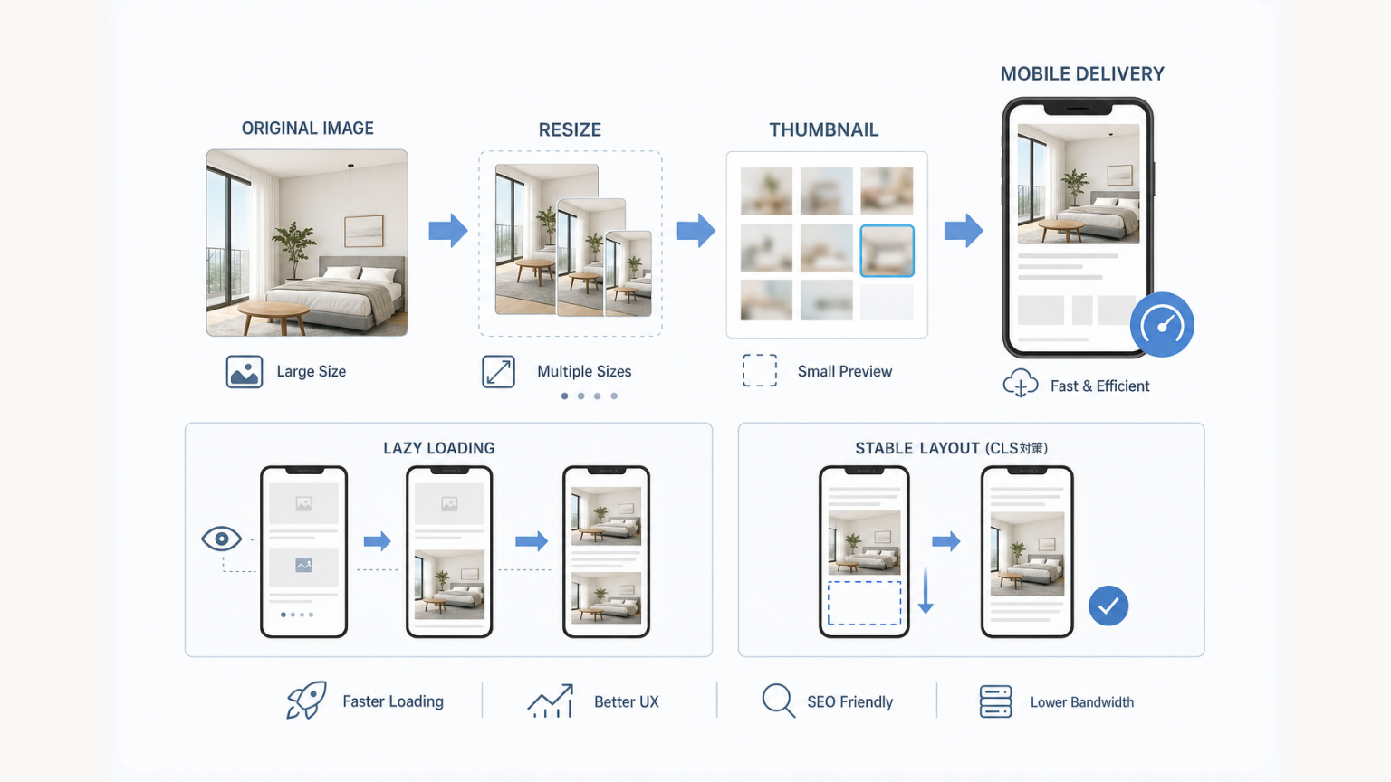 スマートフォンサイトの画像最適化・lazy load・安定したレイアウトを示す図