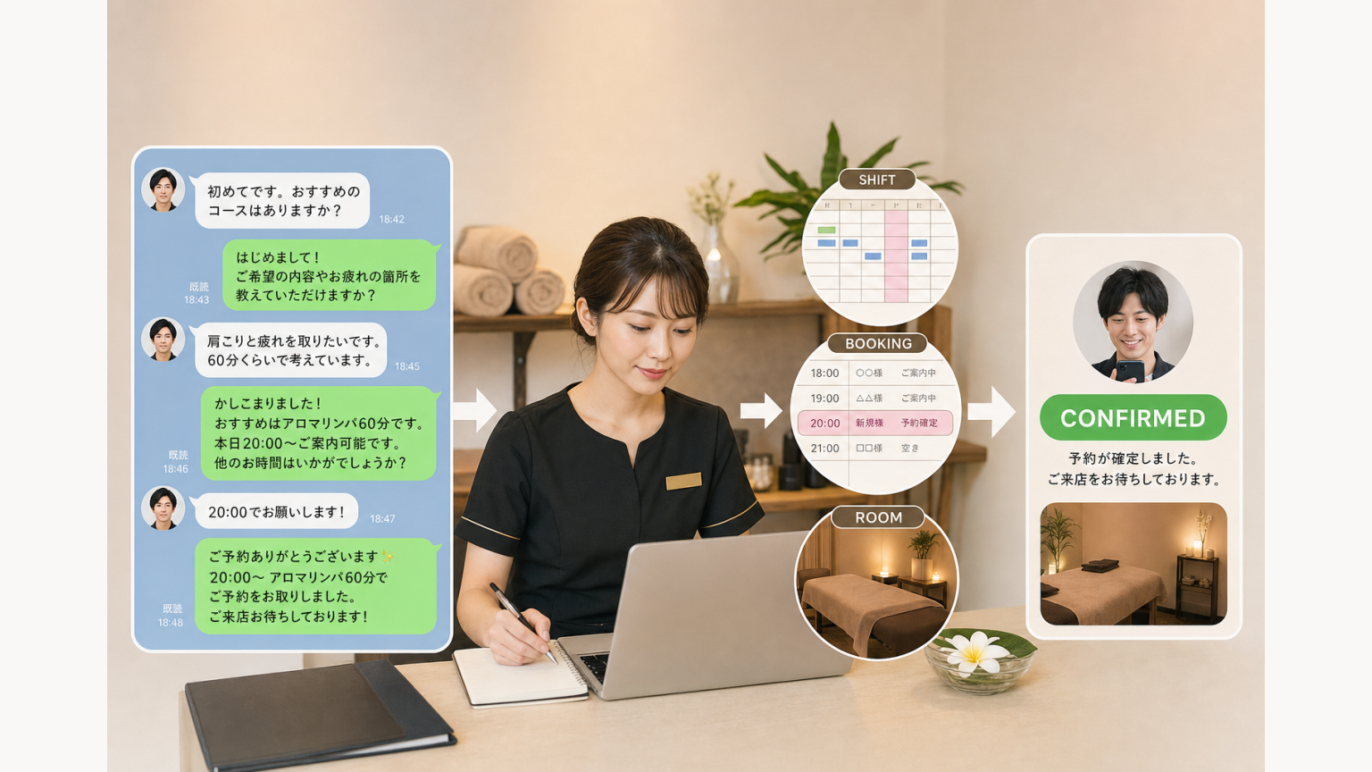 メンズエステのLINE予約で問い合わせから空き確認・返信・予約確定まで進む流れ