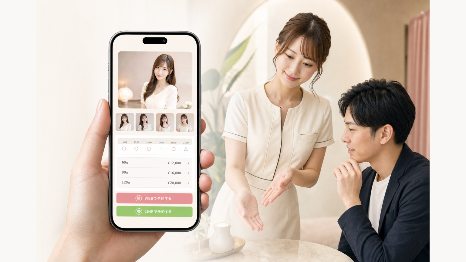 スマートフォンでプロフィール・出勤・料金・予約を確認できる店舗サイトのイメージ