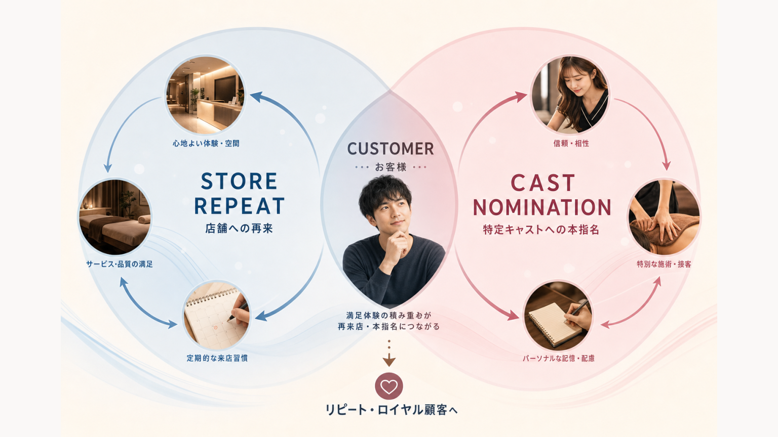 店舗への再来と特定キャストへの本指名を分けて考える図
