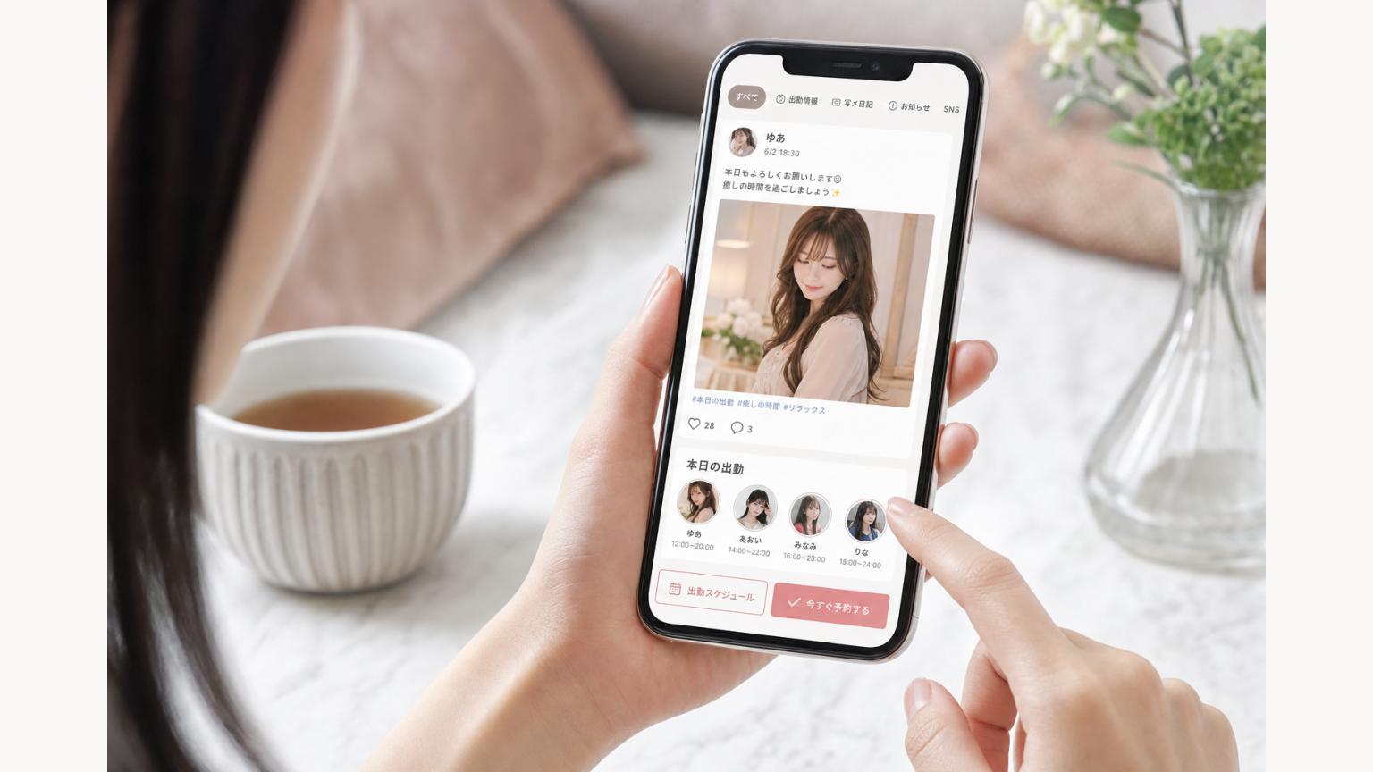 スマートフォンで写メ日記・SNS投稿を1列表示し出勤・予約へつなげるUI