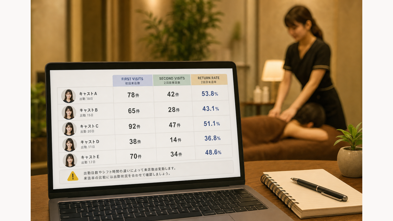 初回担当キャスト別に2回目来店へつながった割合を分析する画面