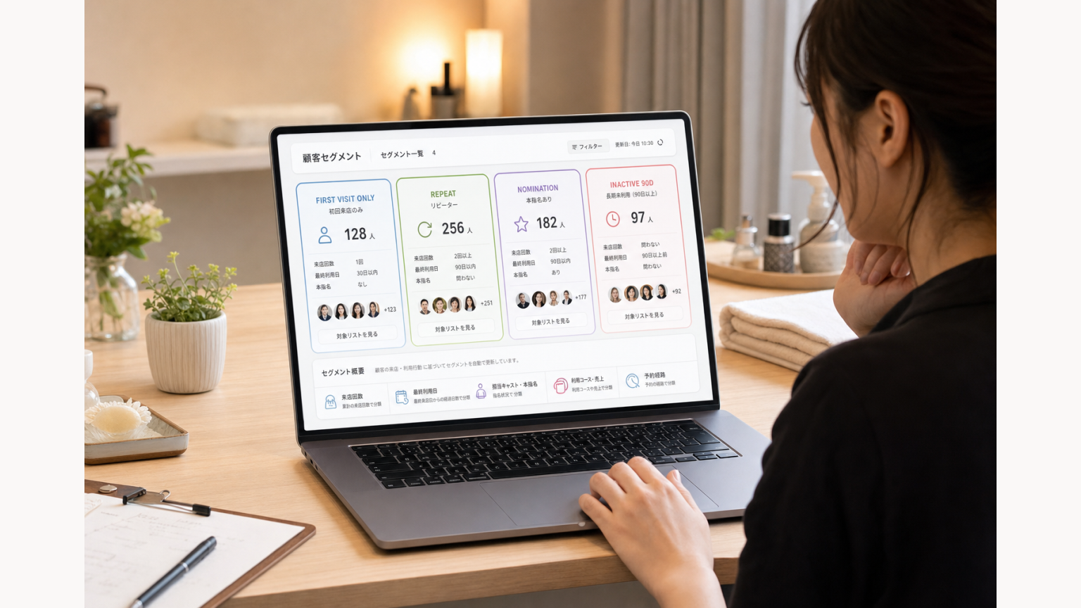 顧客を初回・再来・本指名あり・長期未利用など行動ベースで分類するCRM