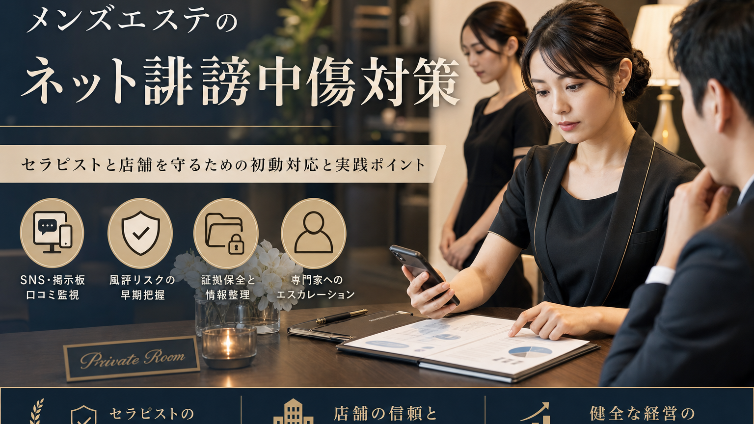 メンズエステ店舗でSNSや掲示板の誹謗中傷リスクを確認する店舗責任者のイメージ