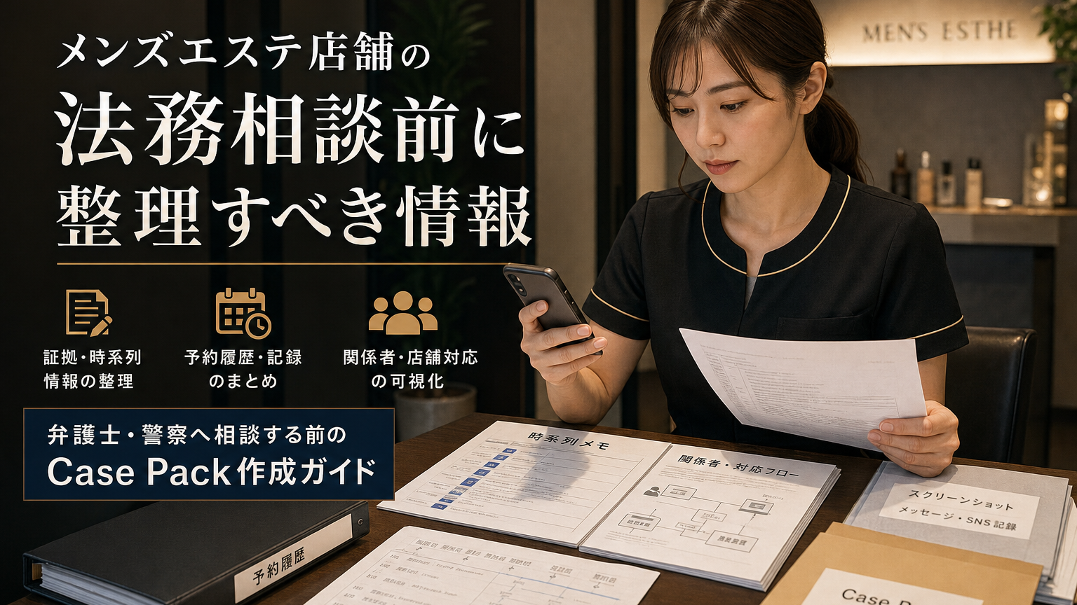 メンズエステ店舗が法務相談前に証拠・時系列・店舗情報を整理するイメージ