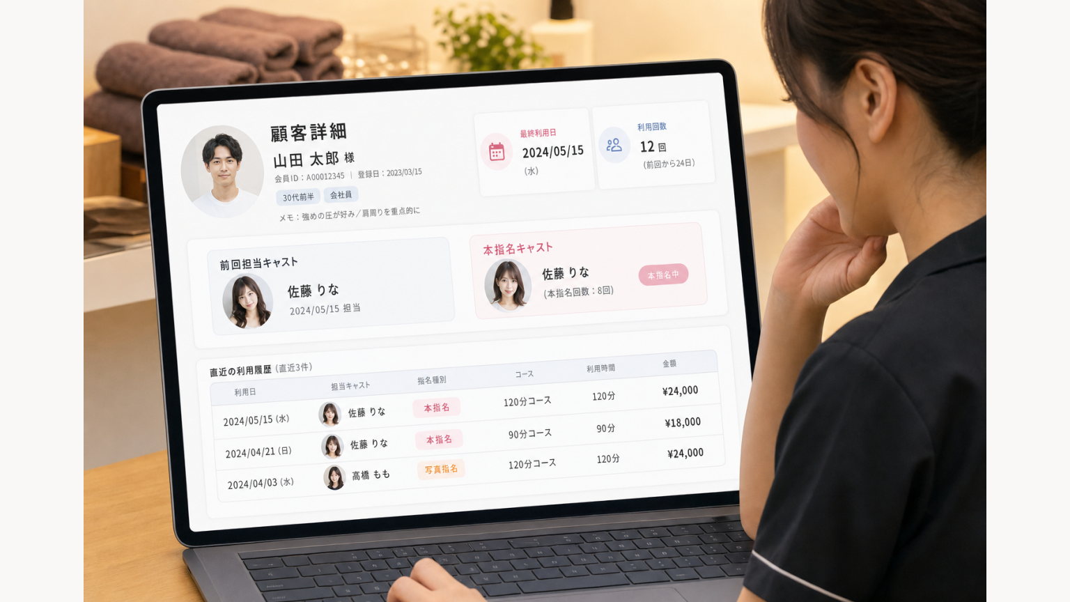 顧客詳細画面で前回担当キャストと指名種別を確認するCRMイメージ