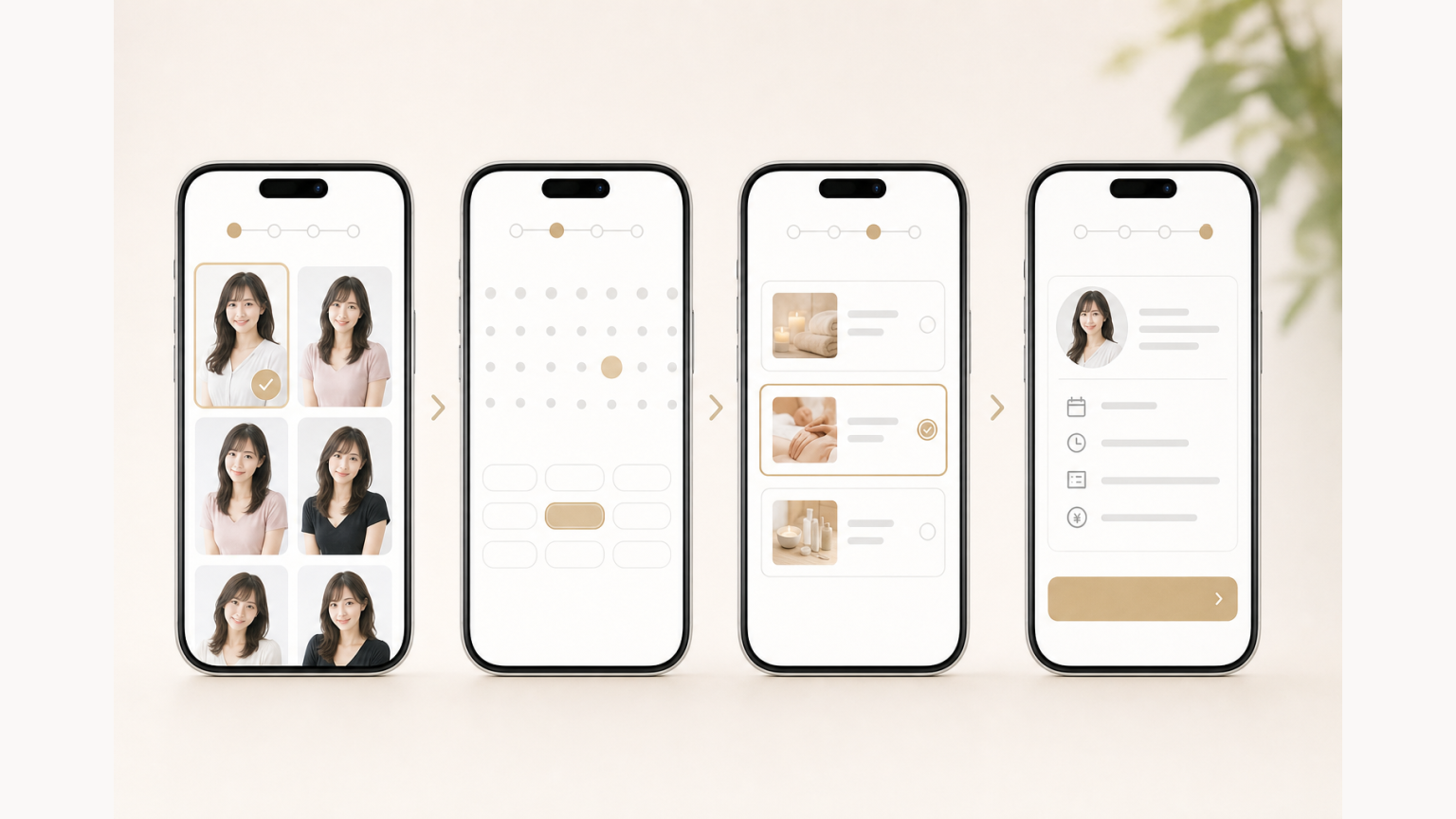 スマートフォンWEB予約をプロフィール・日時・コース・確認のステップ形式で進めるUI