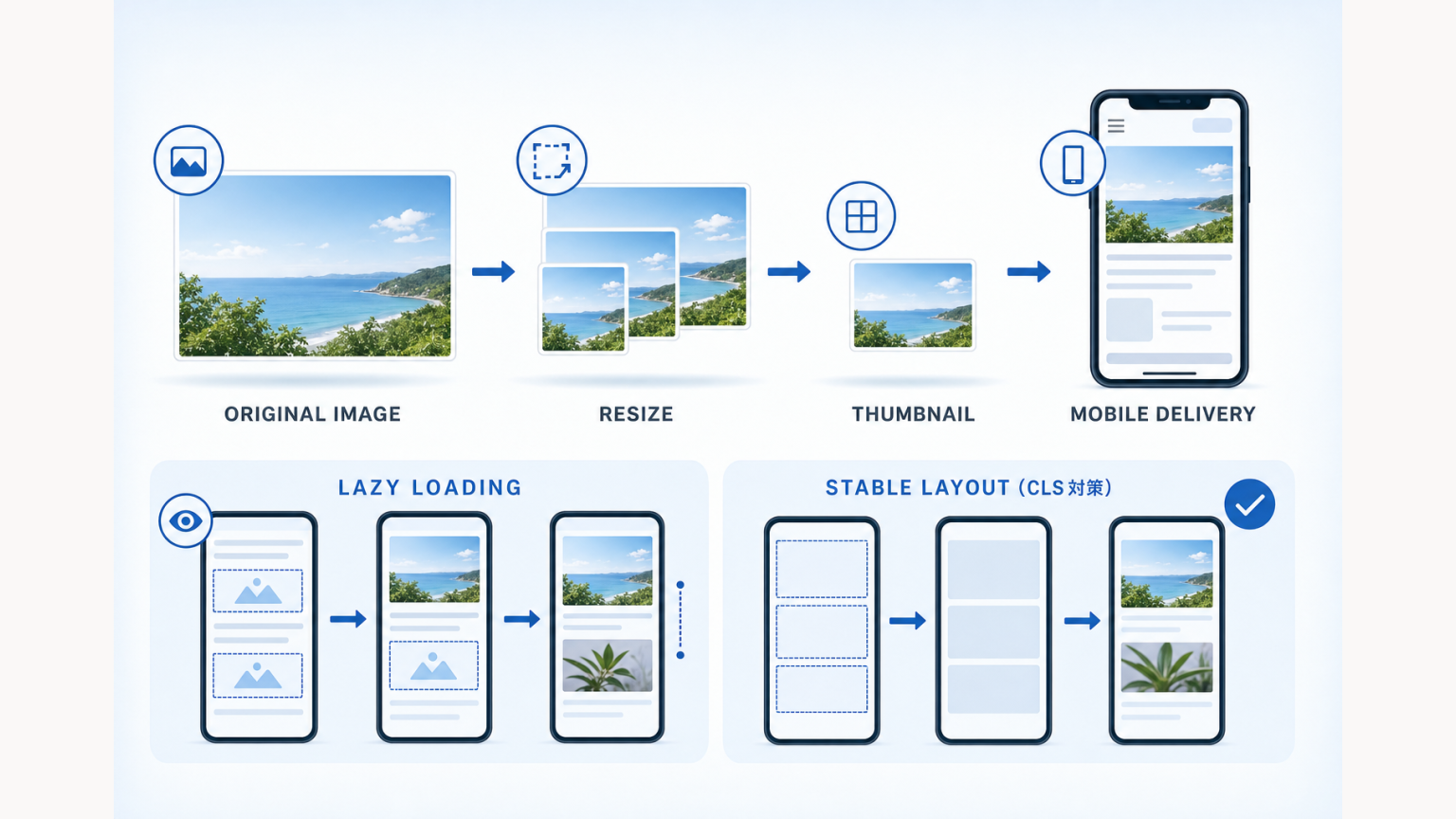 スマートフォンサイトの画像最適化・lazy load・安定したレイアウトを示す図