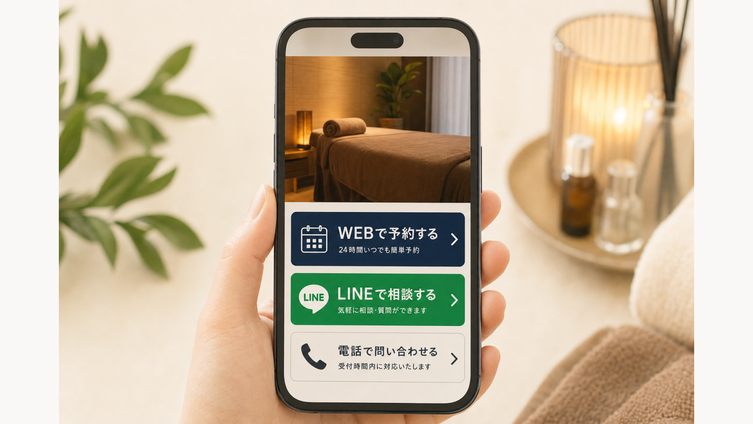 WEBで予約・LINEで相談・電話で問い合わせの3つのCTAを役割別に表示するUI