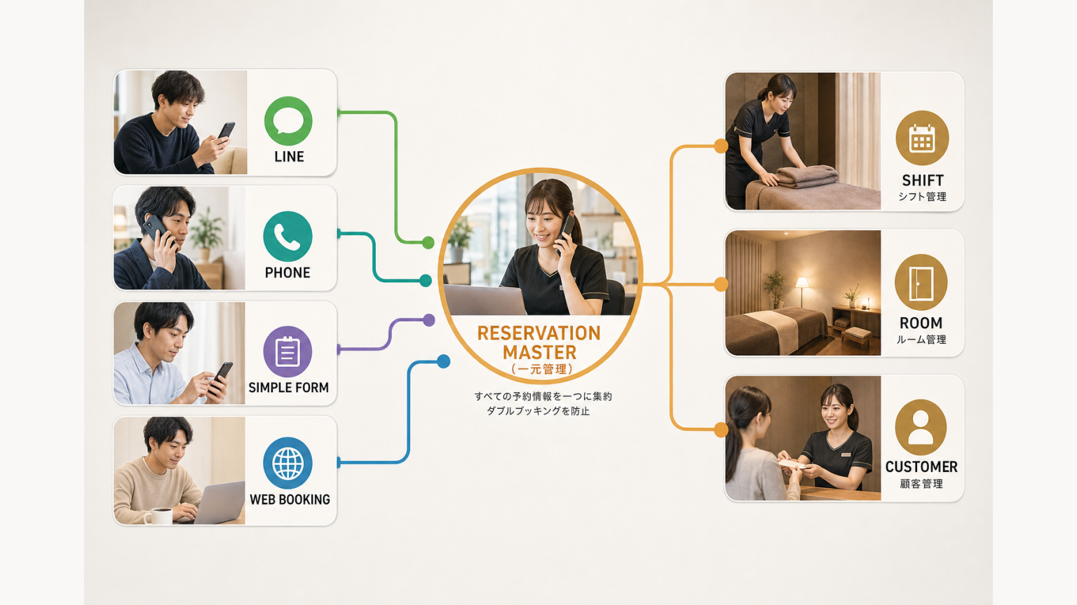 LINE・電話・簡易フォーム・WEB予約を顧客の入口として使い分け店舗側で一元管理する図