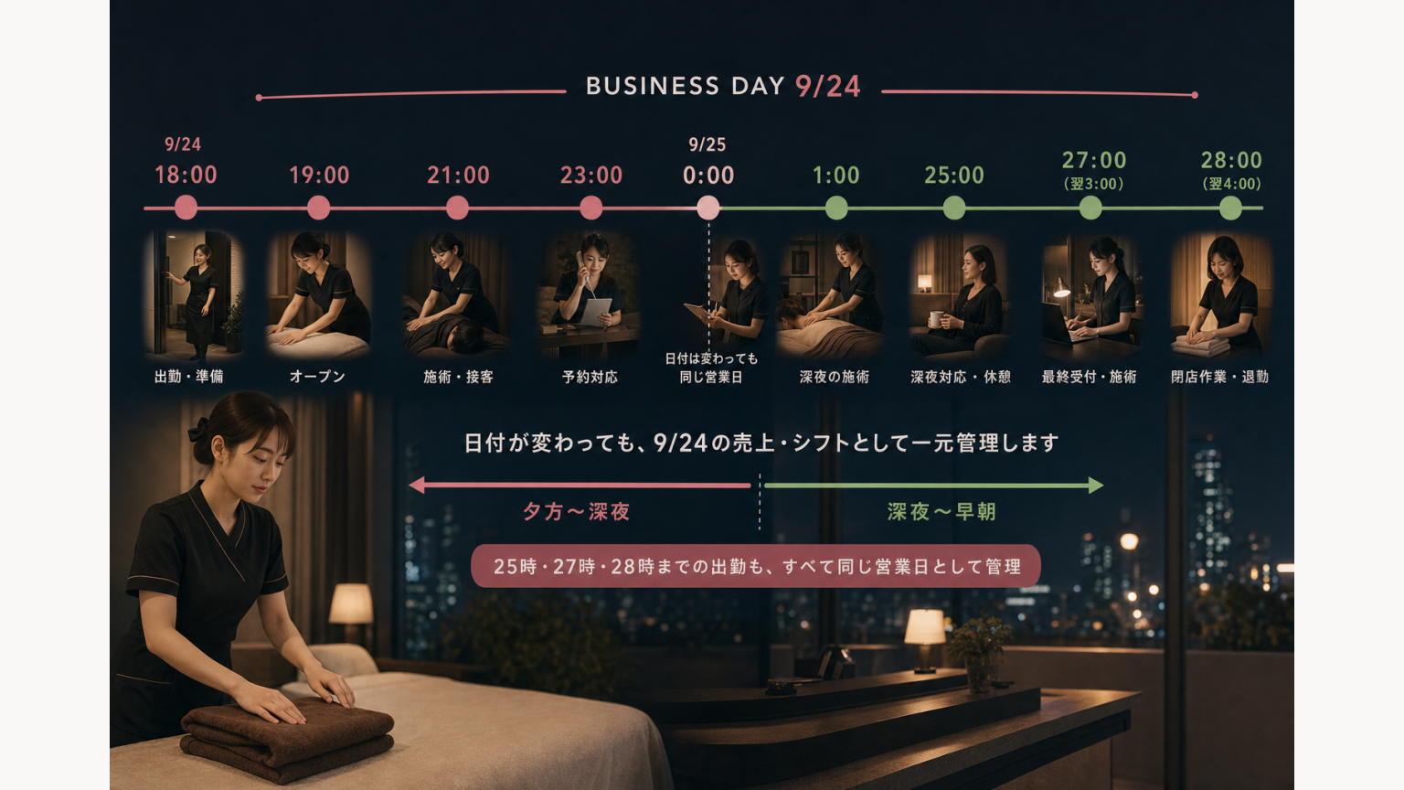 25時・27時・28時までの深夜出勤を同じ営業日として管理するイメージ