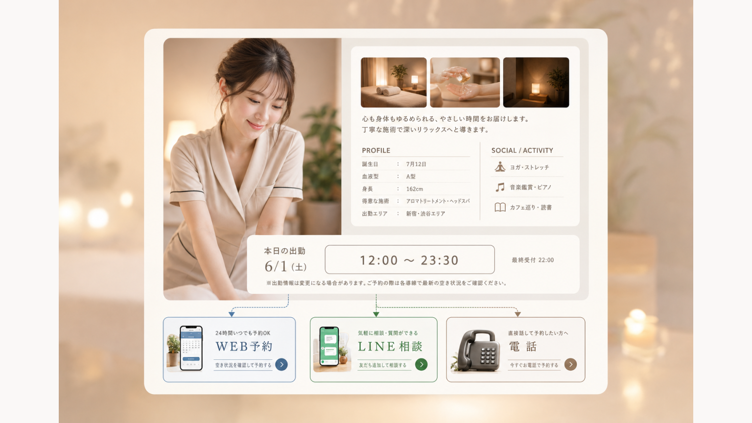 セラピスト詳細ページからWEB予約・LINE相談・電話へ進む導線