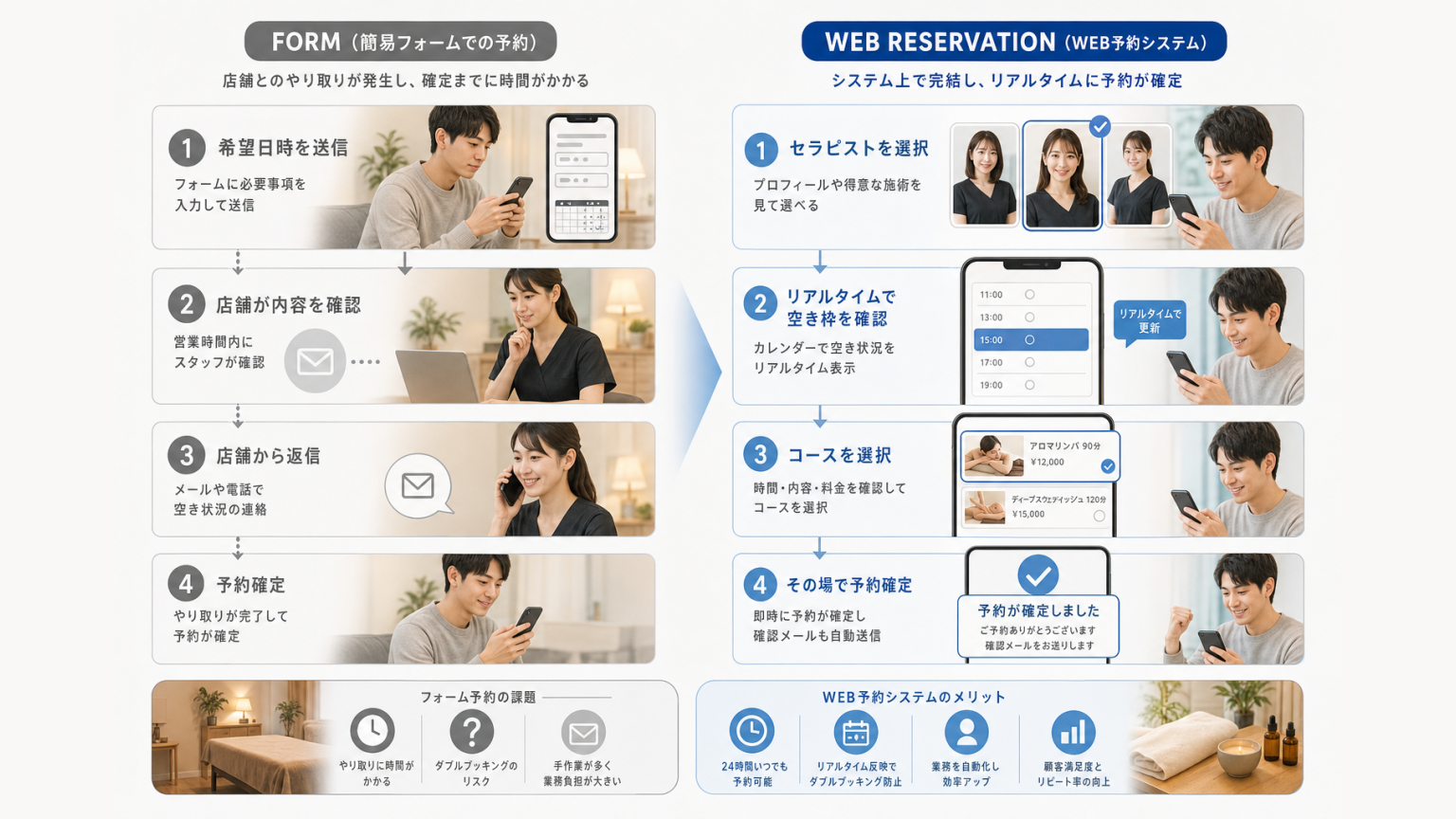 簡易予約フォームとWEB予約システムの違いを比較する図
