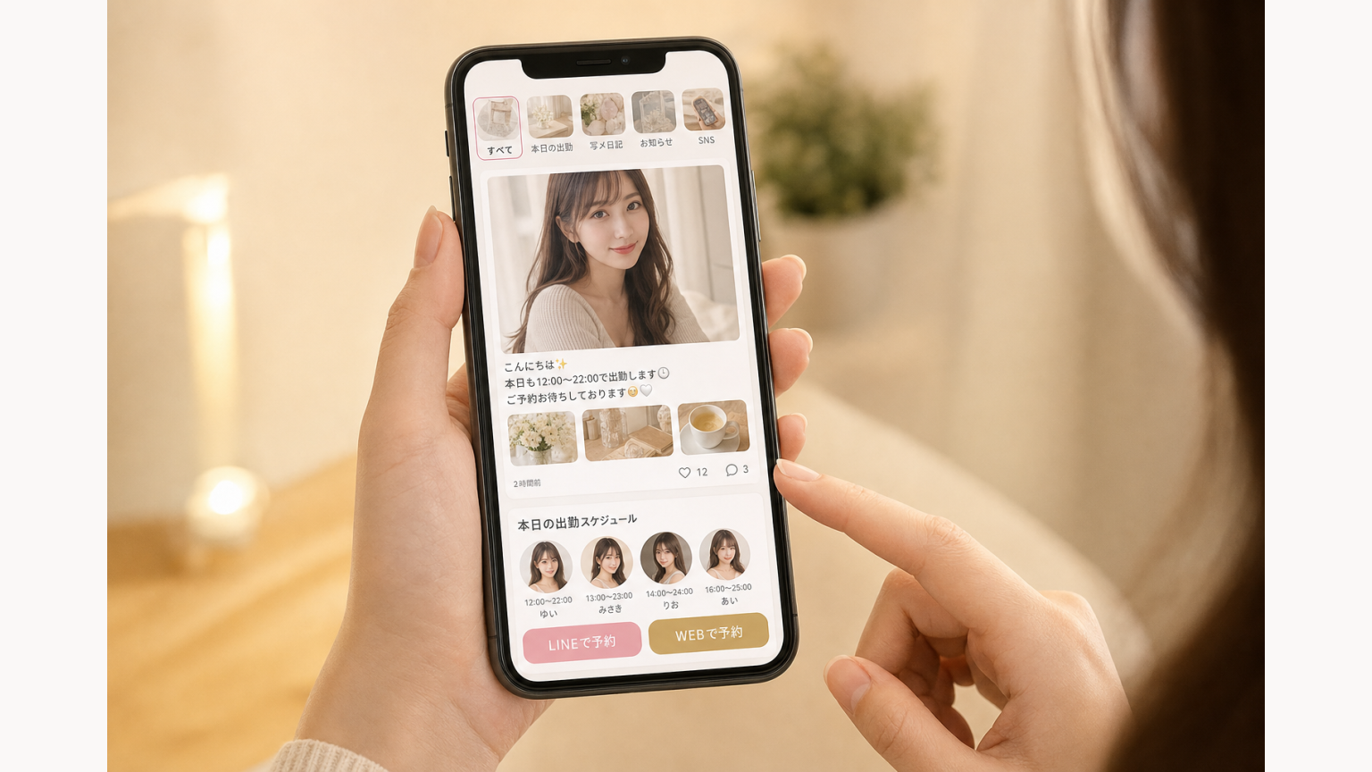 スマートフォンで写メ日記・SNS投稿を1列表示し出勤・予約へつなげるUI