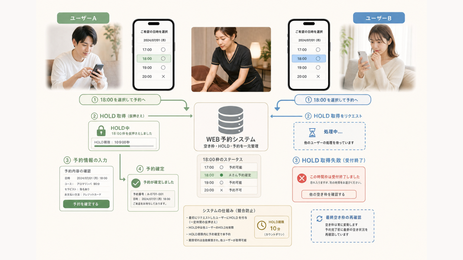 複数ユーザーが同じ時間枠を予約する際のHOLDと予約確定処理