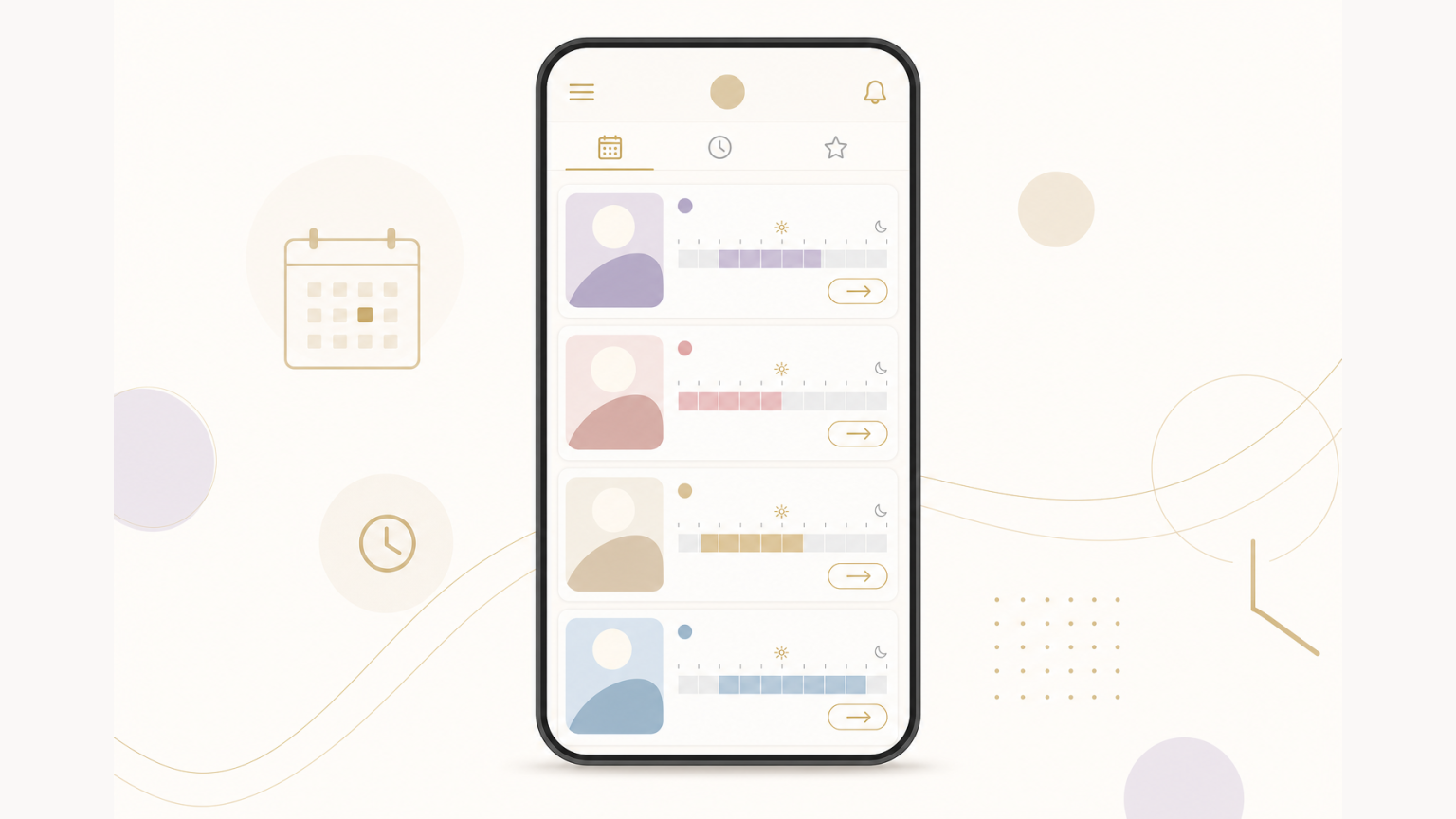 スマートフォンで本日の出勤を写真・名前・時間・予約導線と一緒に表示するUI