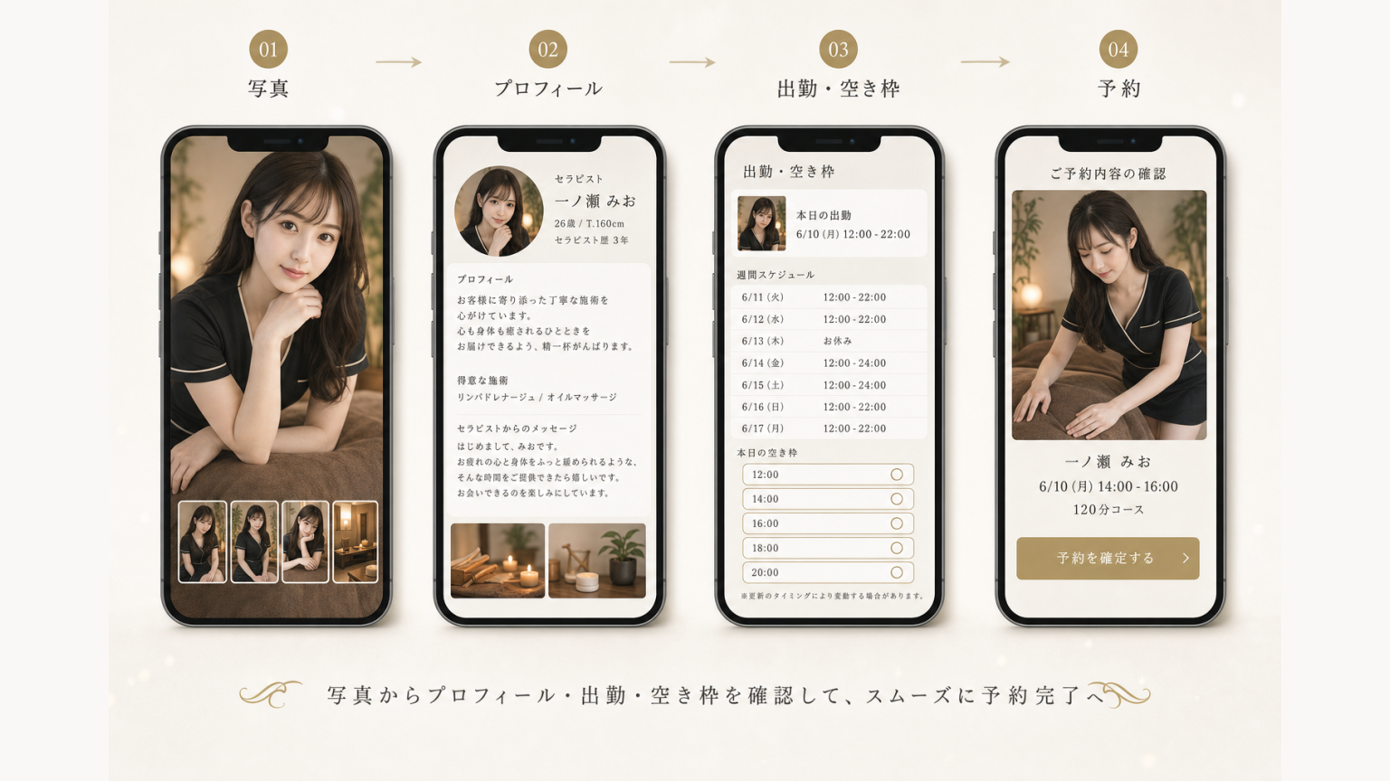 セラピスト写真からプロフィール・出勤・空き枠・予約へ進むページ導線