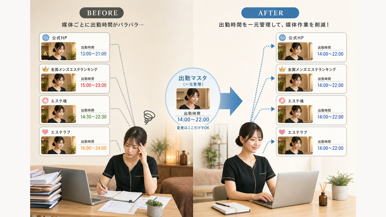 HP・全国メンズエステランキング・エステ魂・エステラブで出勤時間が異なる状態と一元管理後の比較