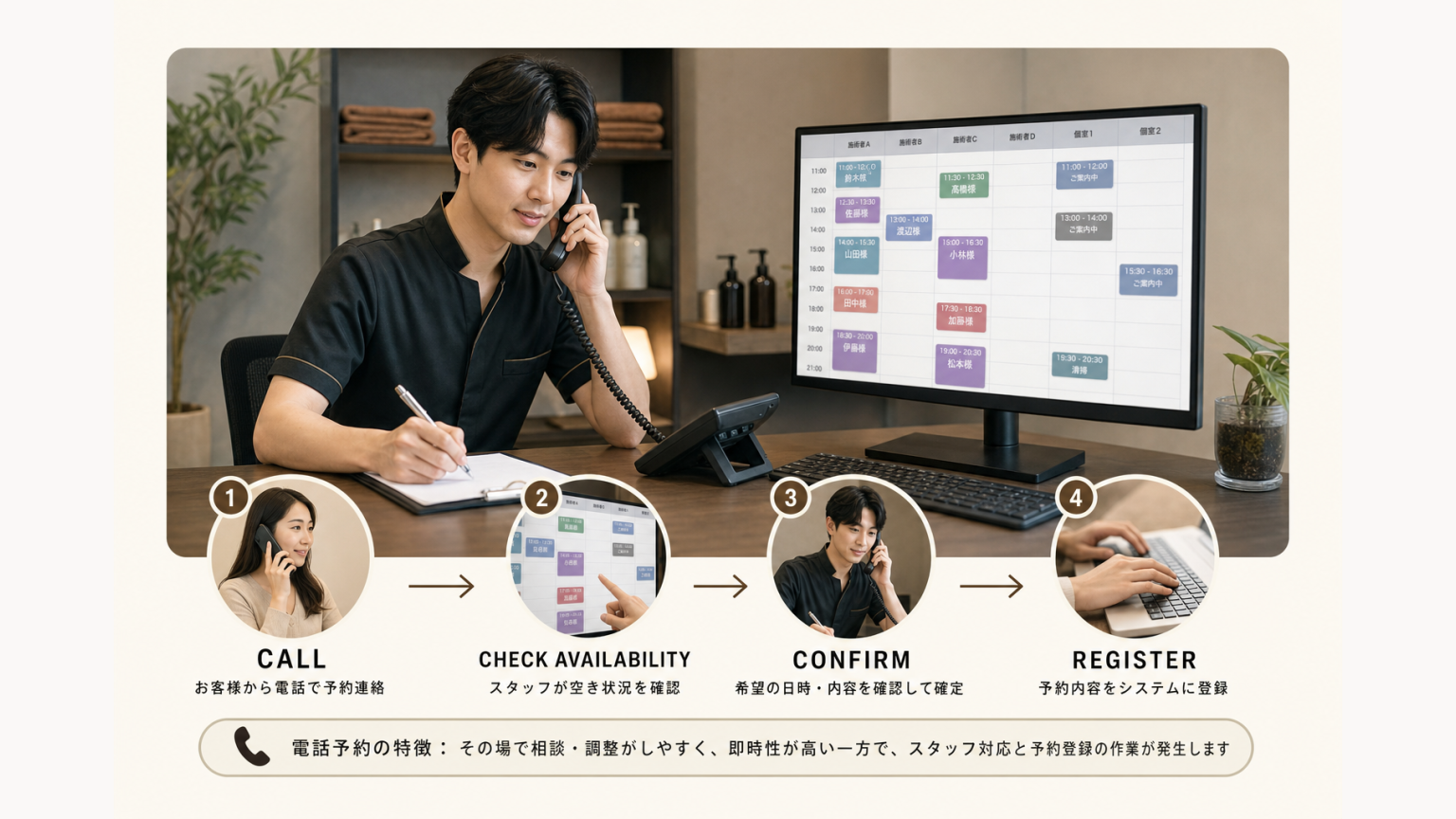 電話予約でスタッフが顧客と話しながら空き確認し予約管理へ登録する流れ