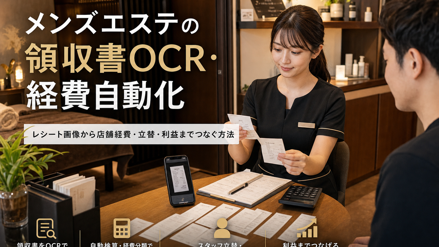 メンズエステ店舗で領収書OCRを使って経費管理を効率化するイメージ