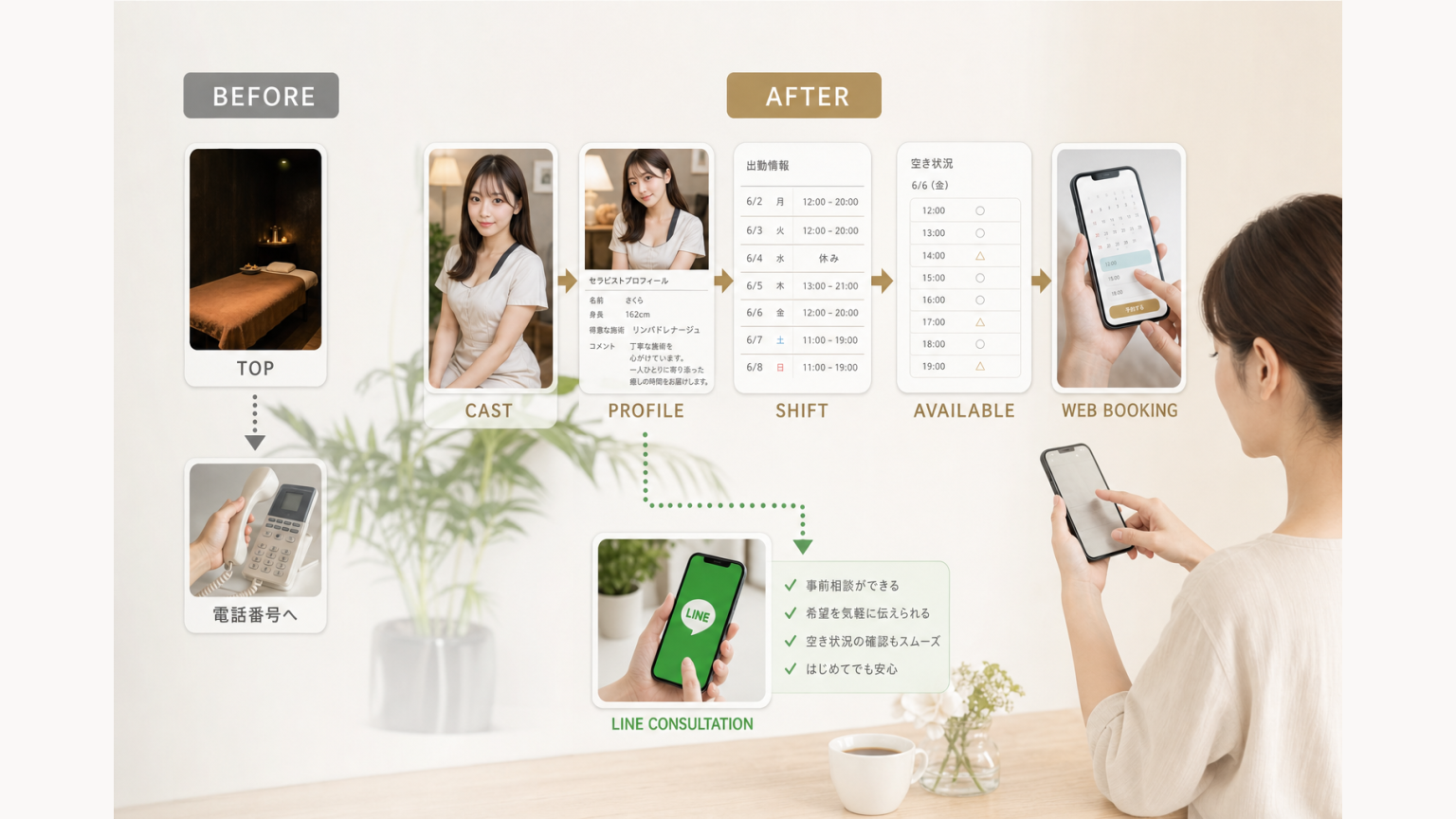 古い予約導線をセラピスト詳細・出勤・空き枠・WEB予約・LINE相談へ改善する図